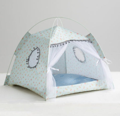 Light blue cat tent with blue inner bed