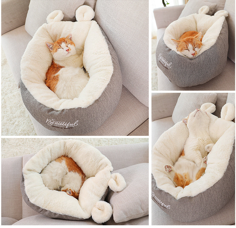 Four images of Cat in pet bed sleeping gray and ivory