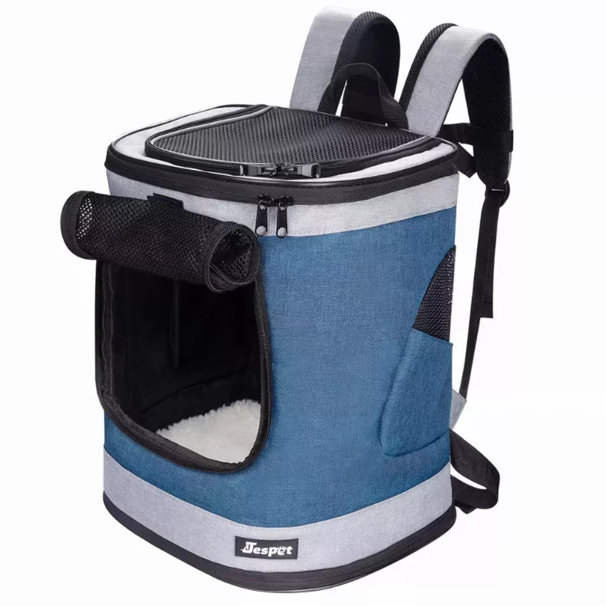 Blue and gray pet carrier backpack with a visible brand logo on a white background