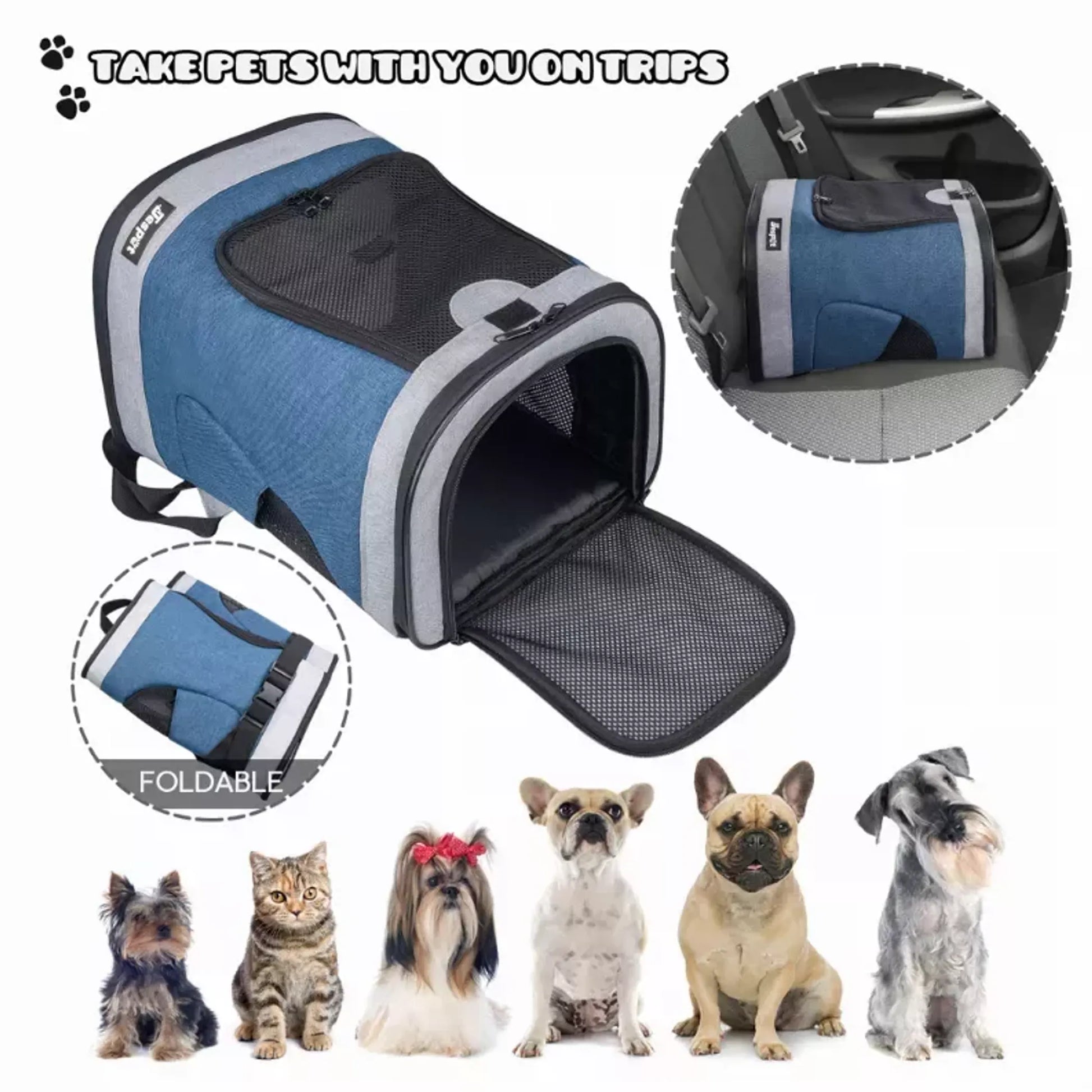 Pet carrier with images of pets and text 'Take pets with you on trips'.