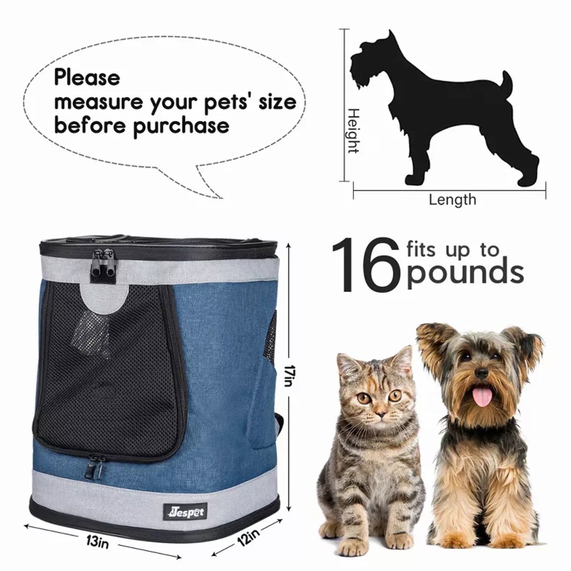 Pet carrier with dimensions and capacity information, featuring a cat and dog.