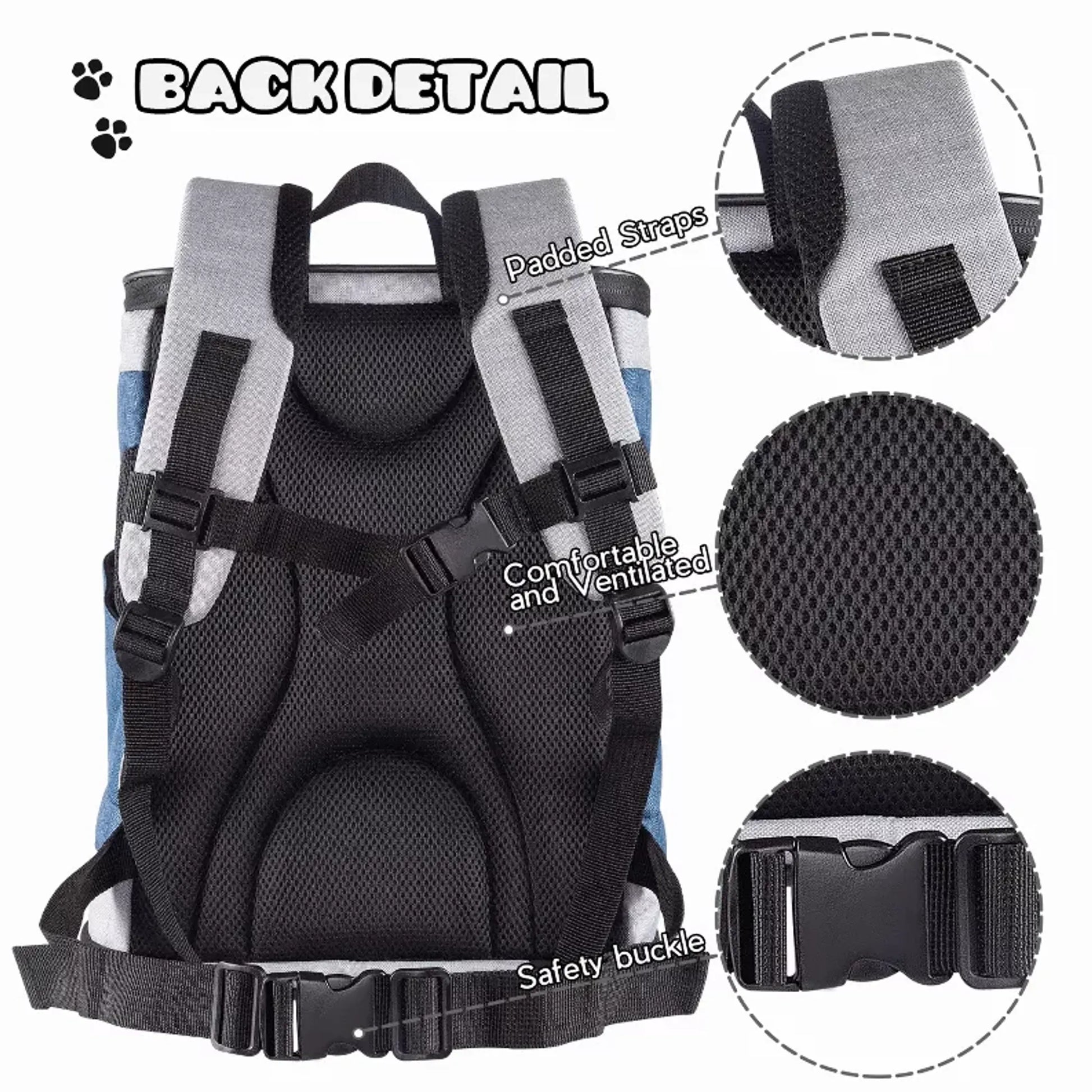Dog carrier backpack with detailed back view and close-up of straps, safety buckle, and padding.