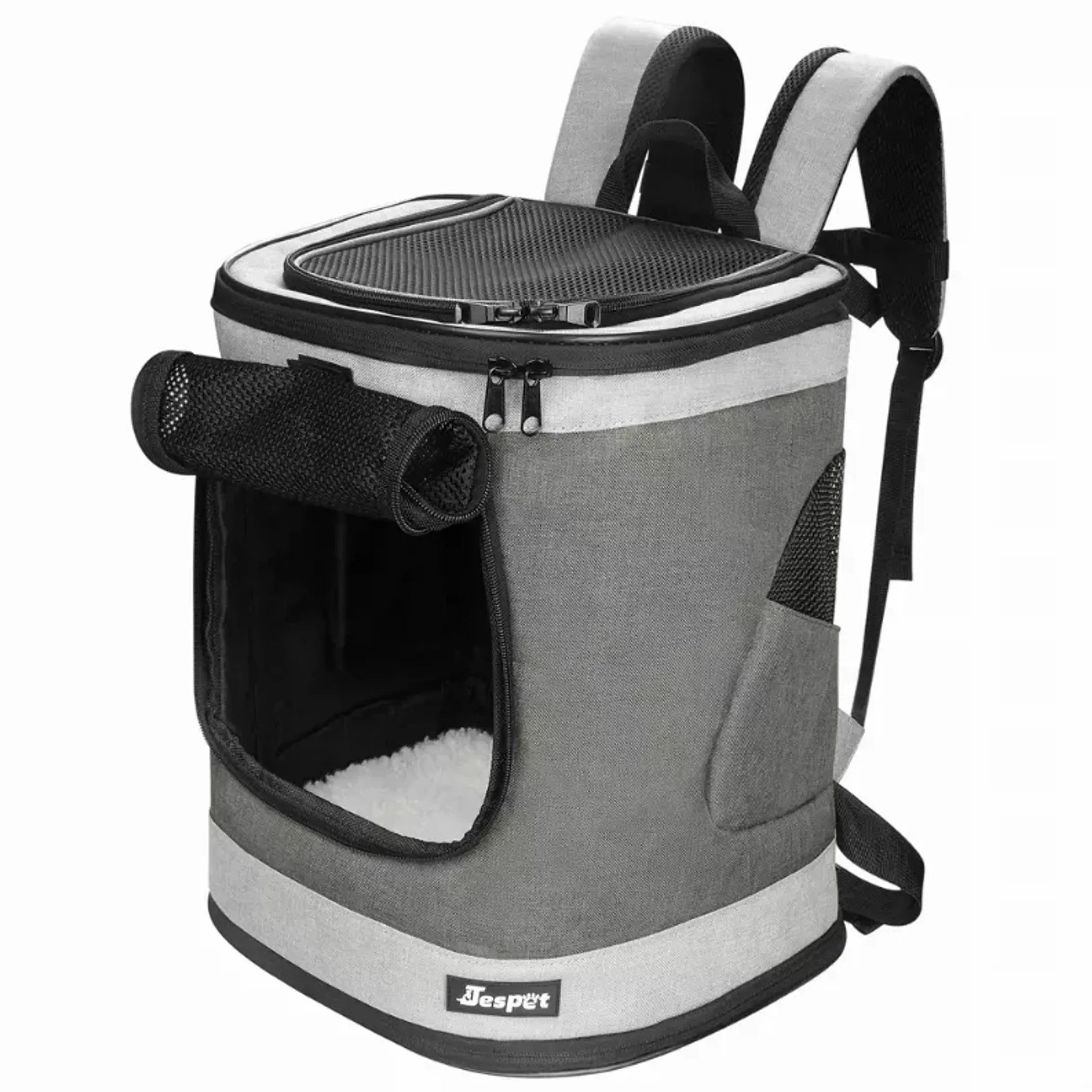 Gray pet carrier backpack with a visible brand logo on a white background