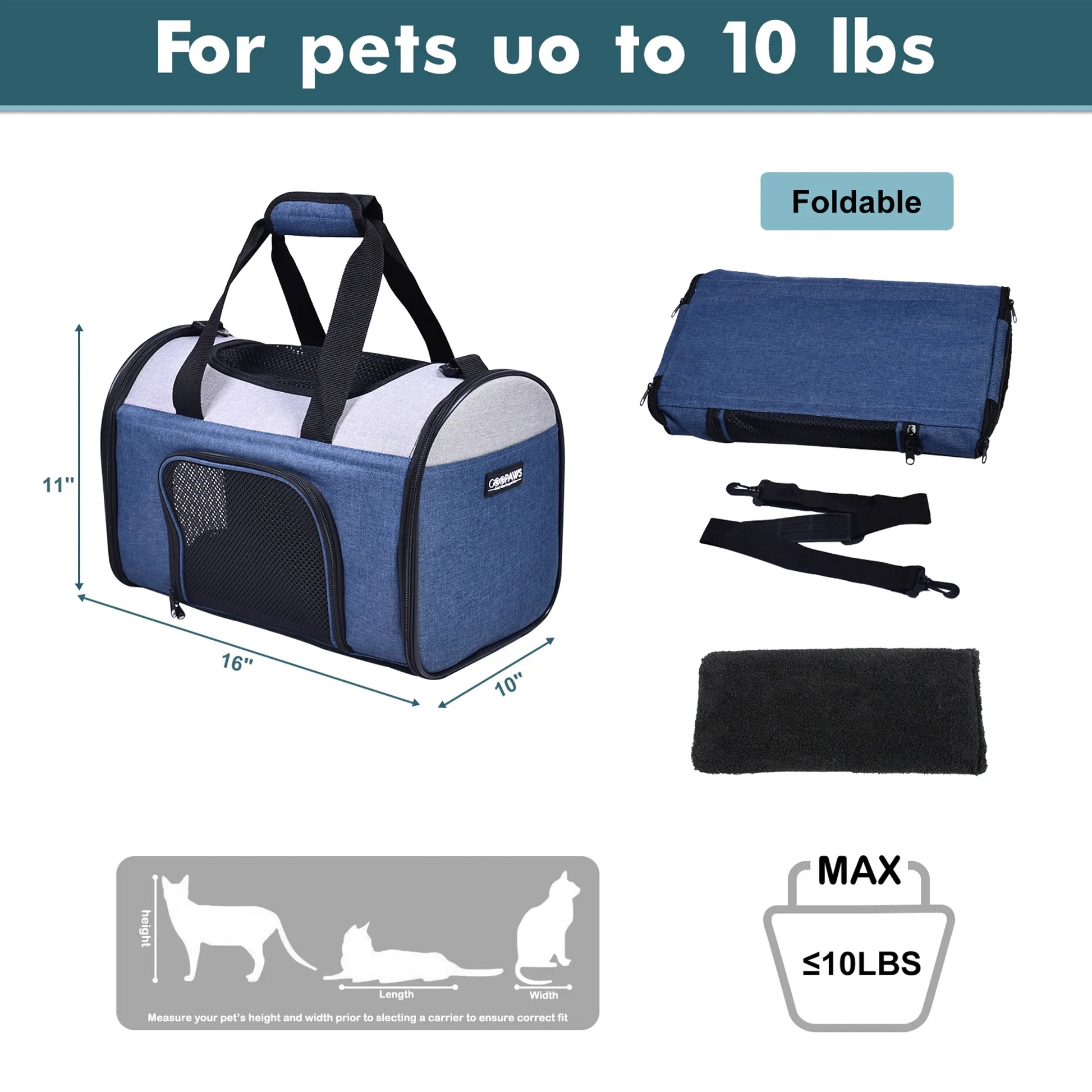 Blue jesper soft sided pet carrier with strap and 10 lb weight limit 
