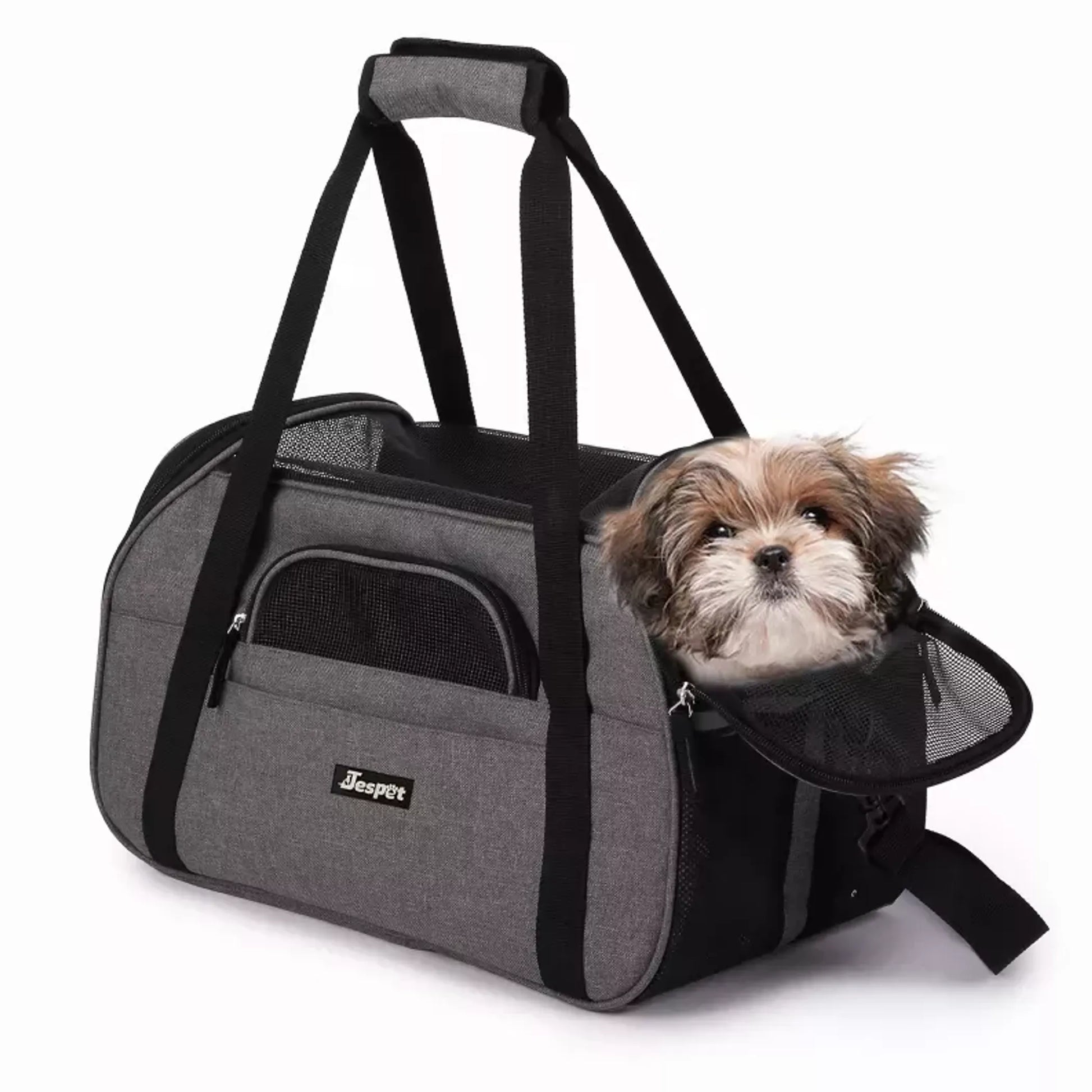 Dog in gray jesper soft sided pet carrier