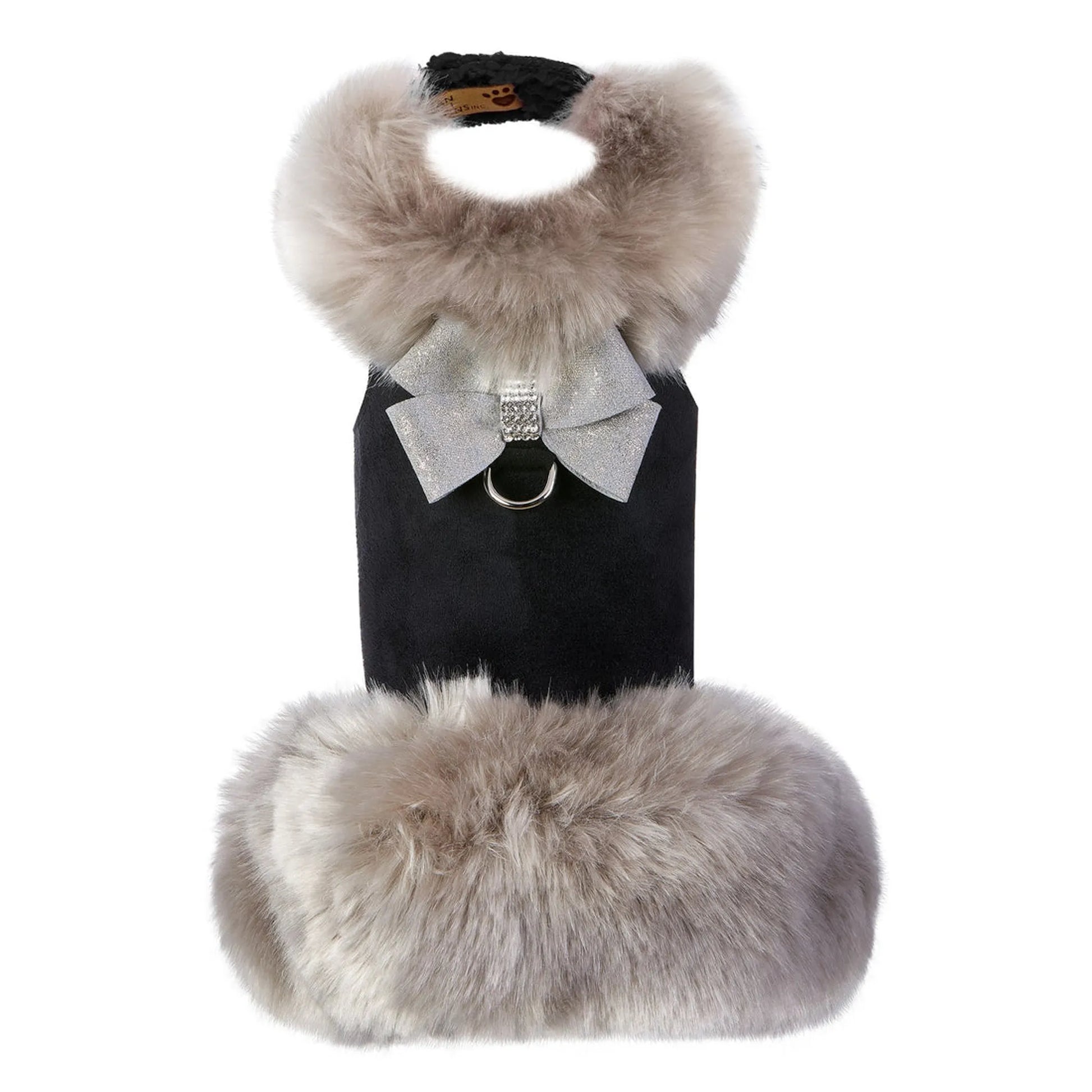 Black dog coat with fur trim and a bow on a white background