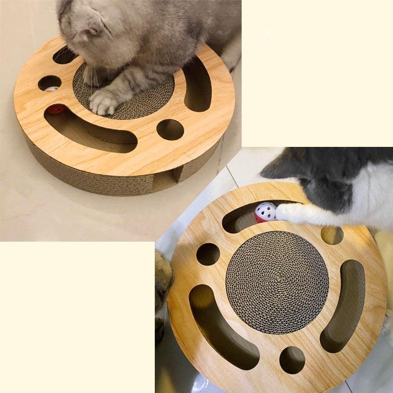 Wooden cat scratcher with cats interacting with it on a light background