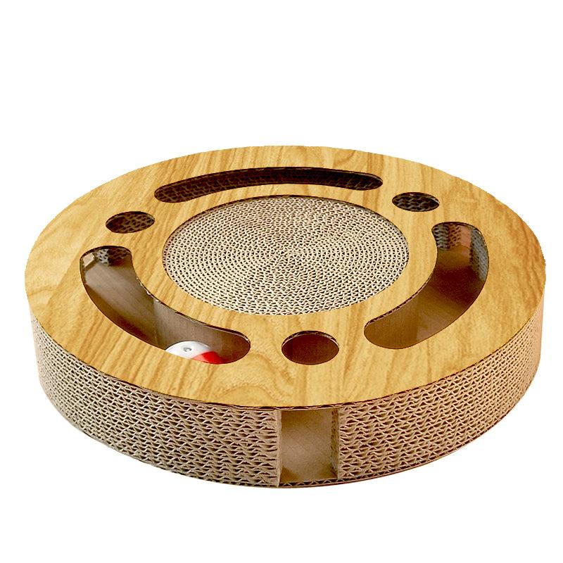 Wooden cat scratcher with circular design on a white background