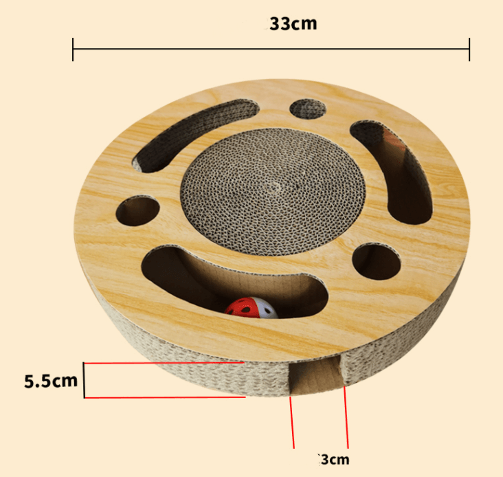 Wooden cat scratcher with dimensions on a beige background
