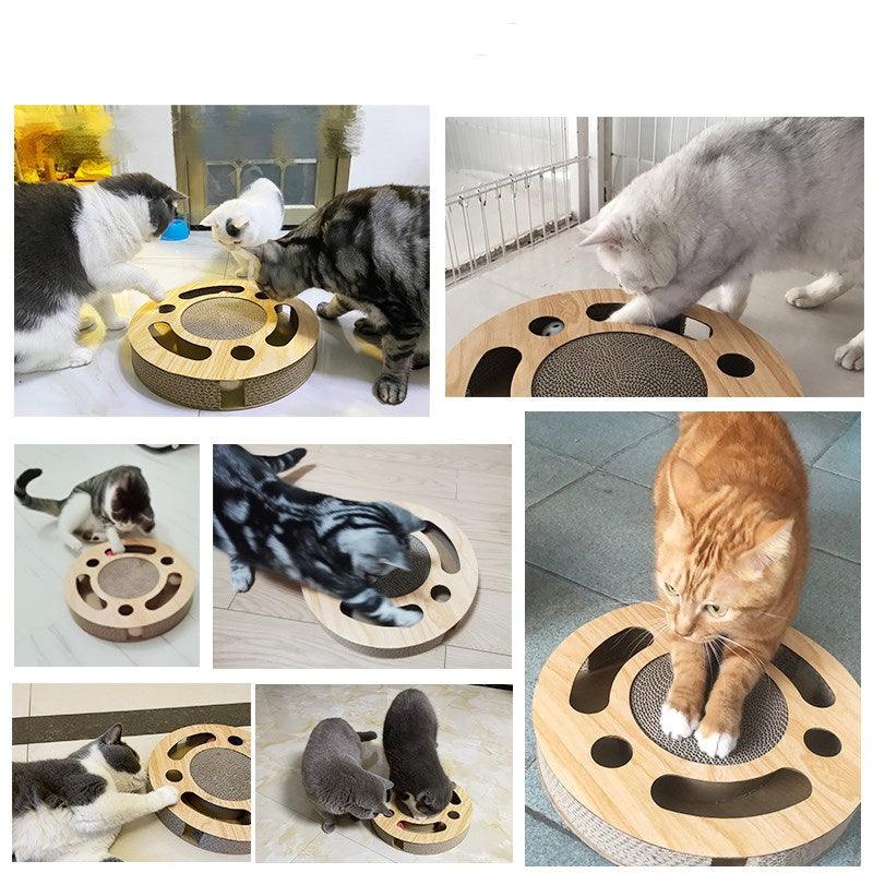 Collage of cats interacting with a wooden cat scratcher.