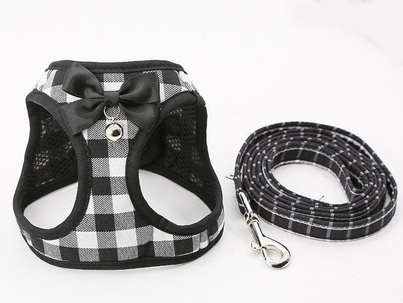 Grid Pattern Cat Chain Traction Rope Set With Chest Harness And Collar-1