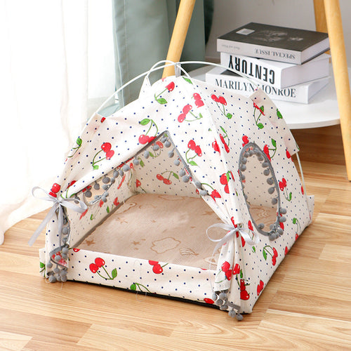 Dotted cherry white cat tent with printed bed