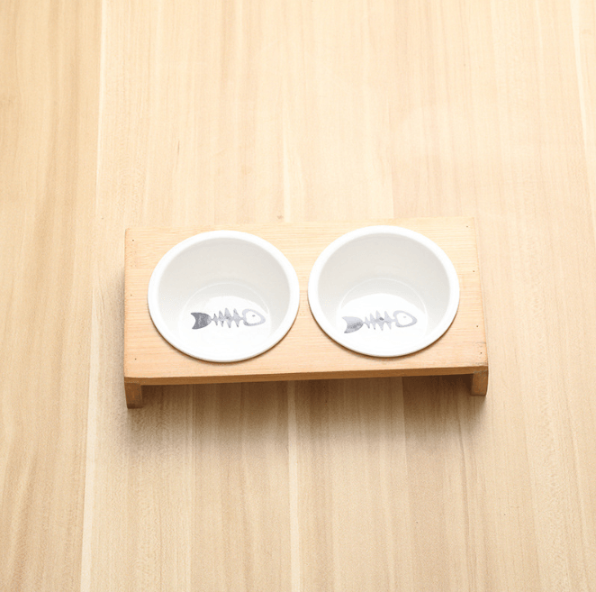 Stylish Bamboo And Ceramic Cat Dog Feeder Bowls-3
