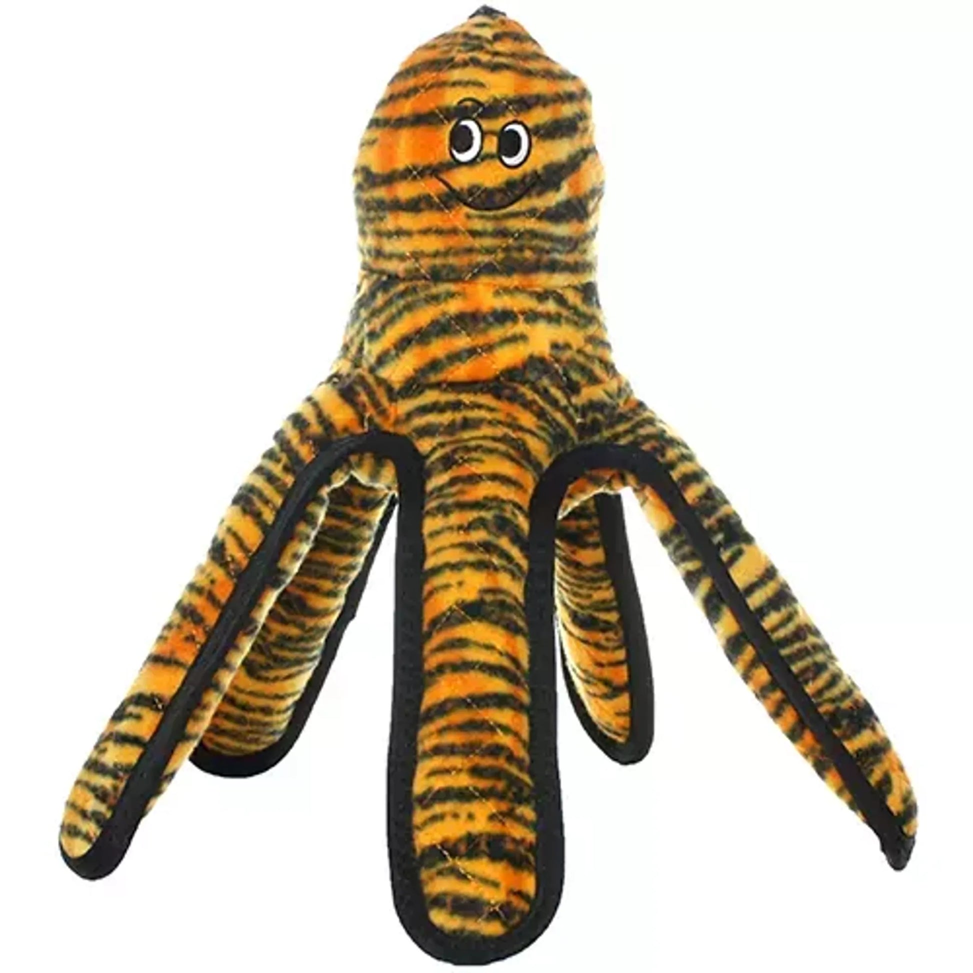 Plush toy with tiger stripe pattern on a white background