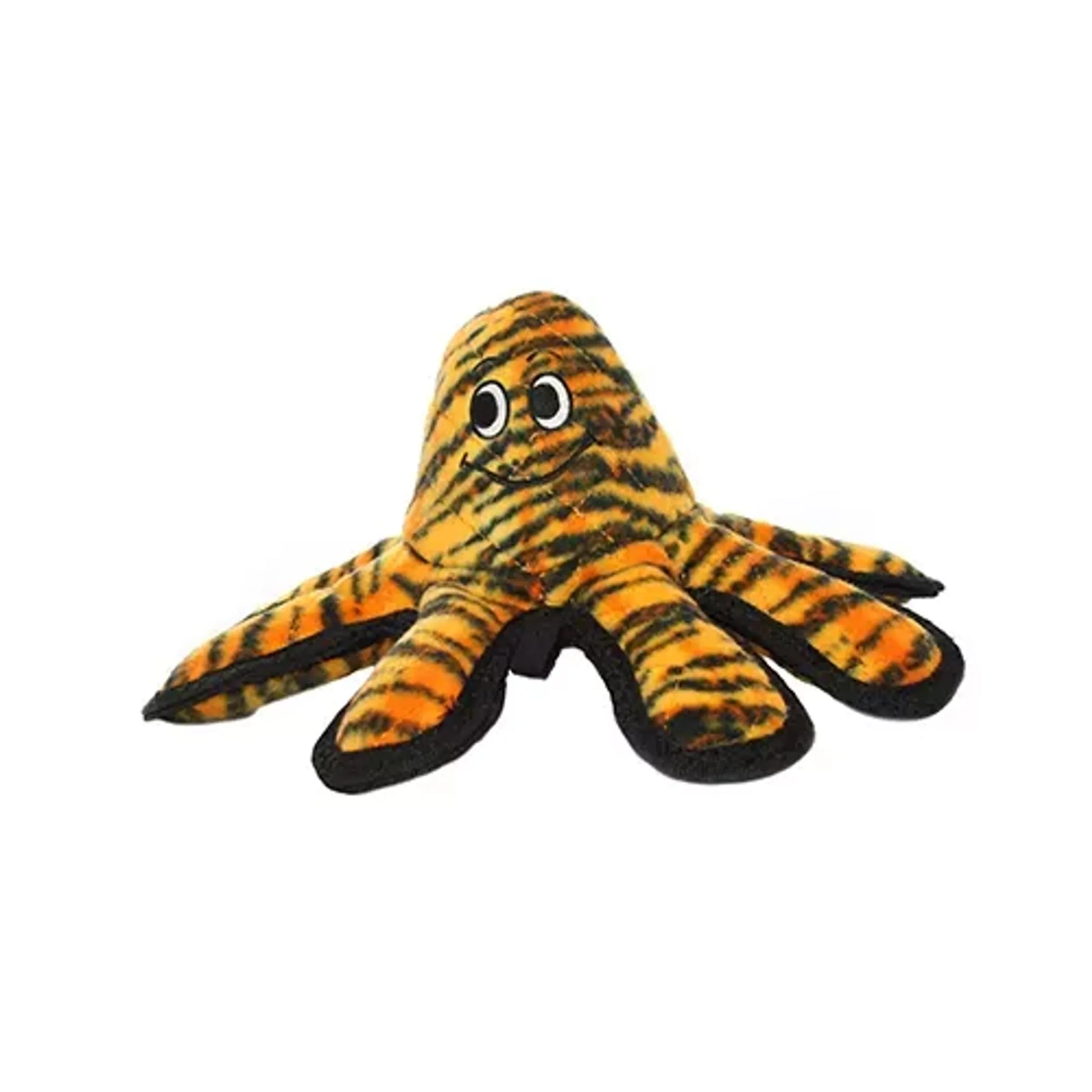 Plush toy octopus with tiger stripe pattern on a white background