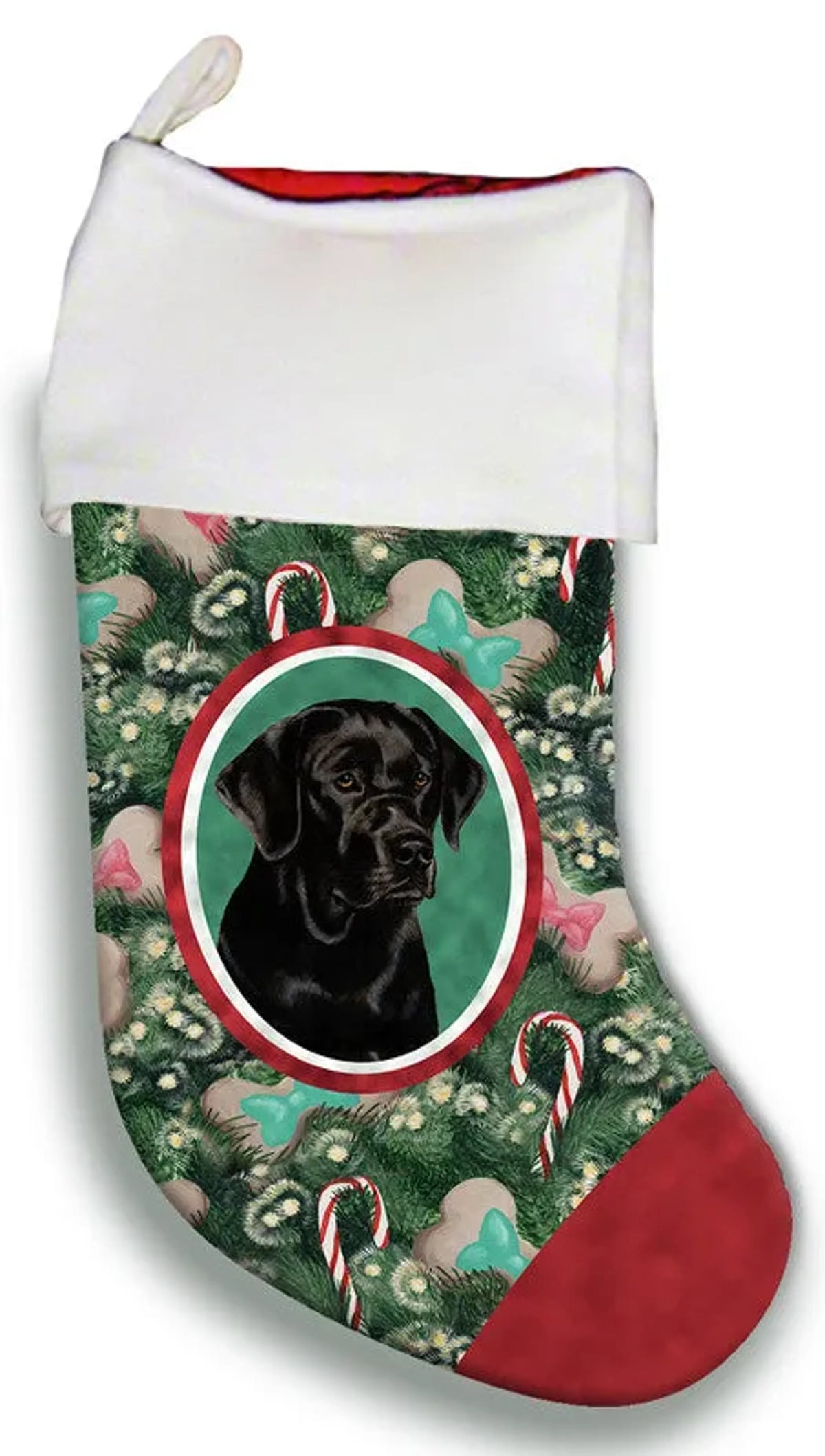 Christmas stocking with a black dog design on a green background