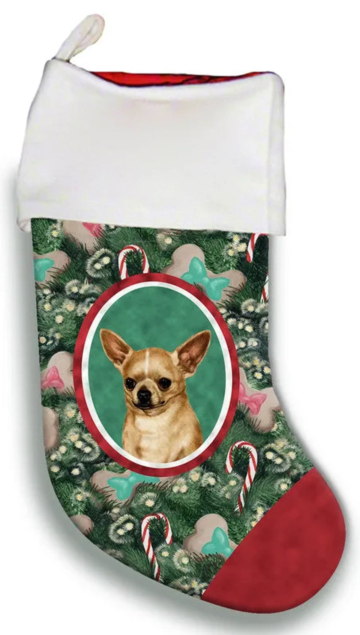 Christmas stocking with a dog design on a green background