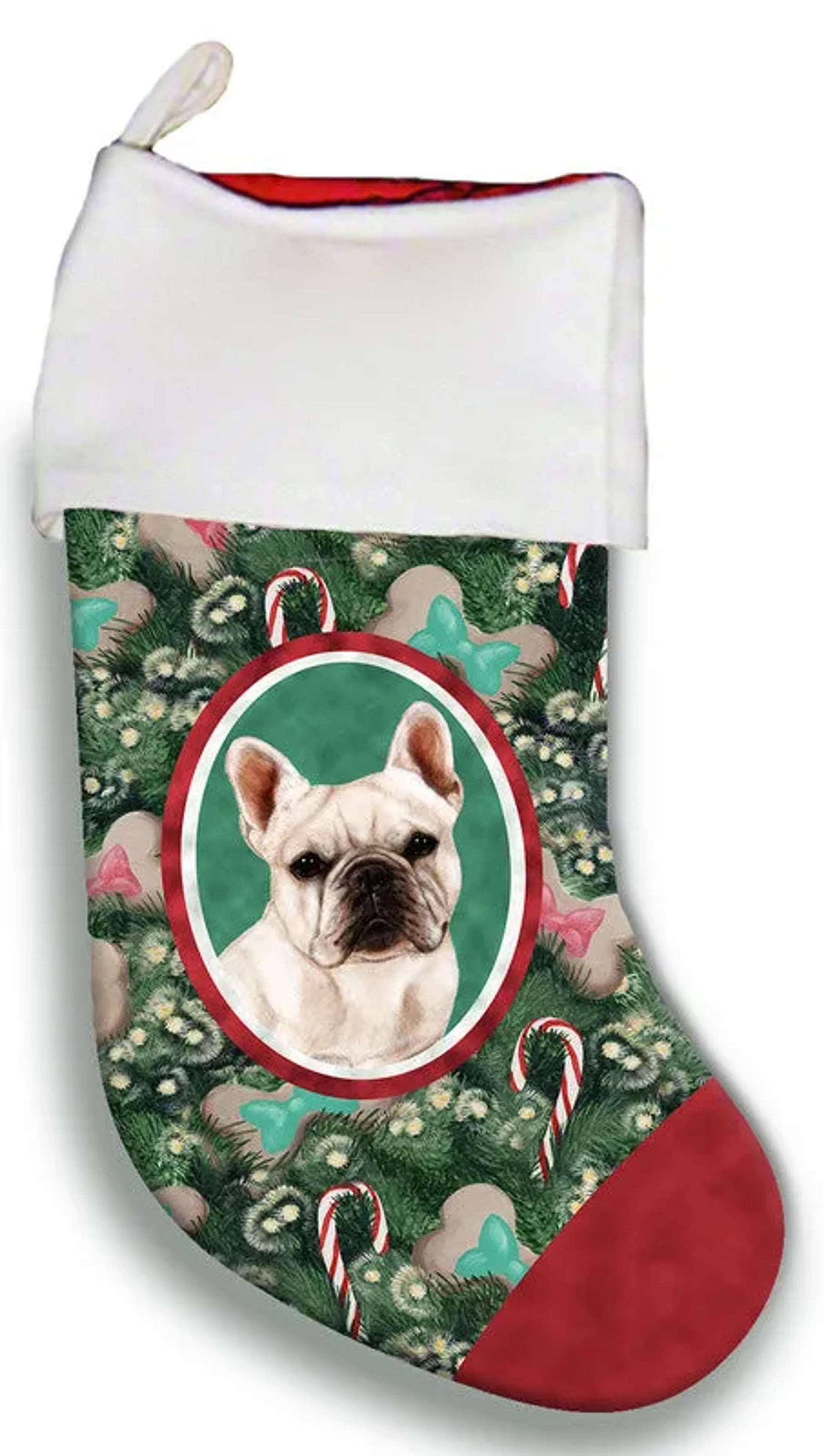 Christmas bulldog stocking with a dog design on a green background