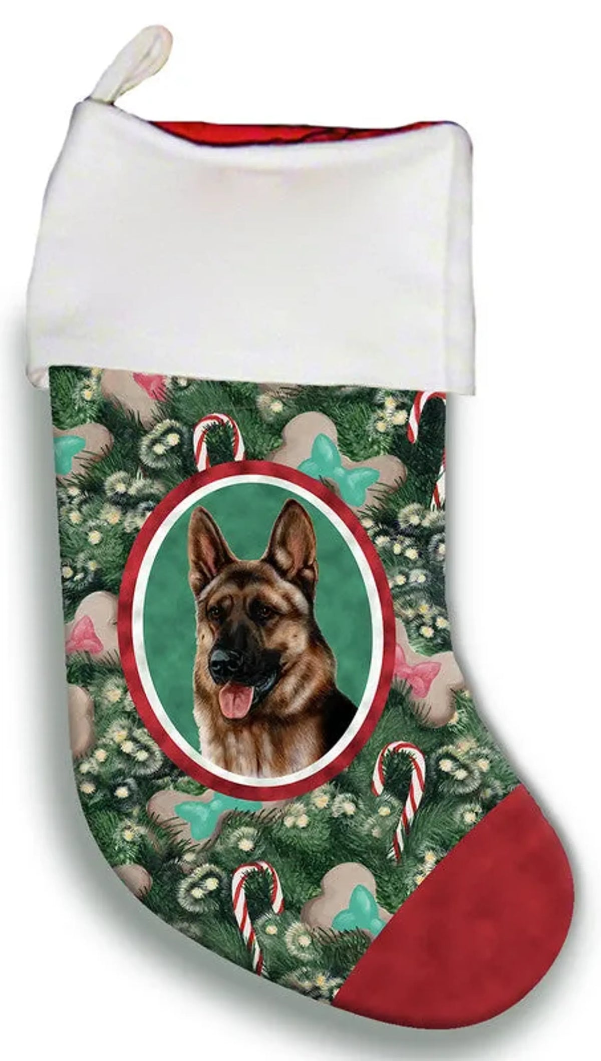 Christmas stocking with a dog design on a green background