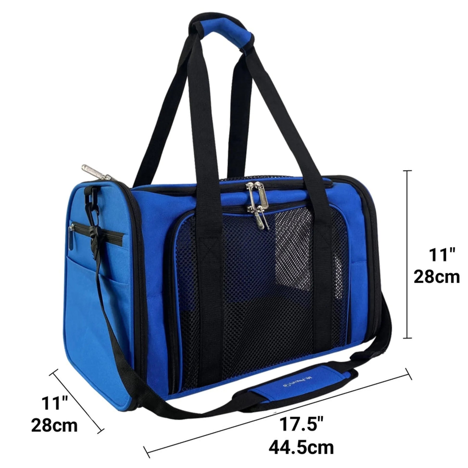 Blue pet carrier with black interior and straps, showing dimensions on a white background.
