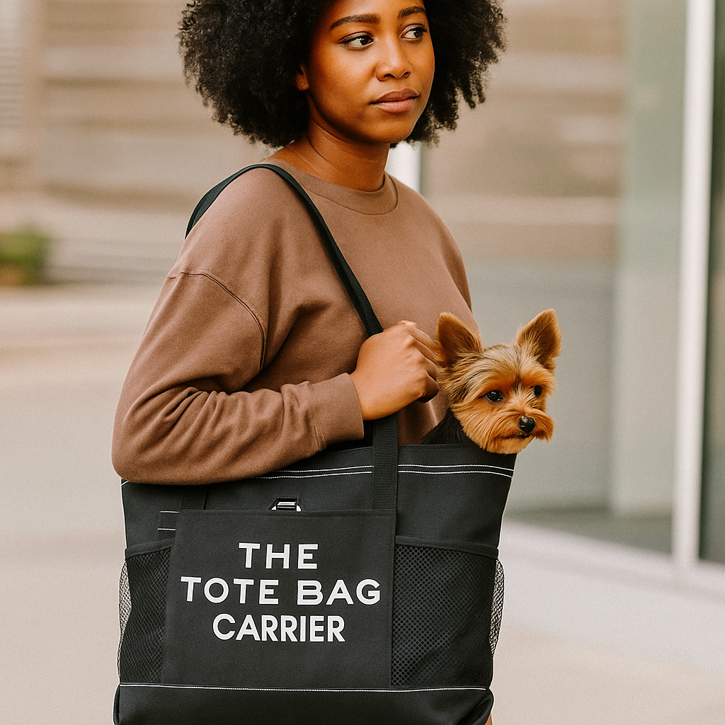 Woman carrying black dog tote carrier with white letters