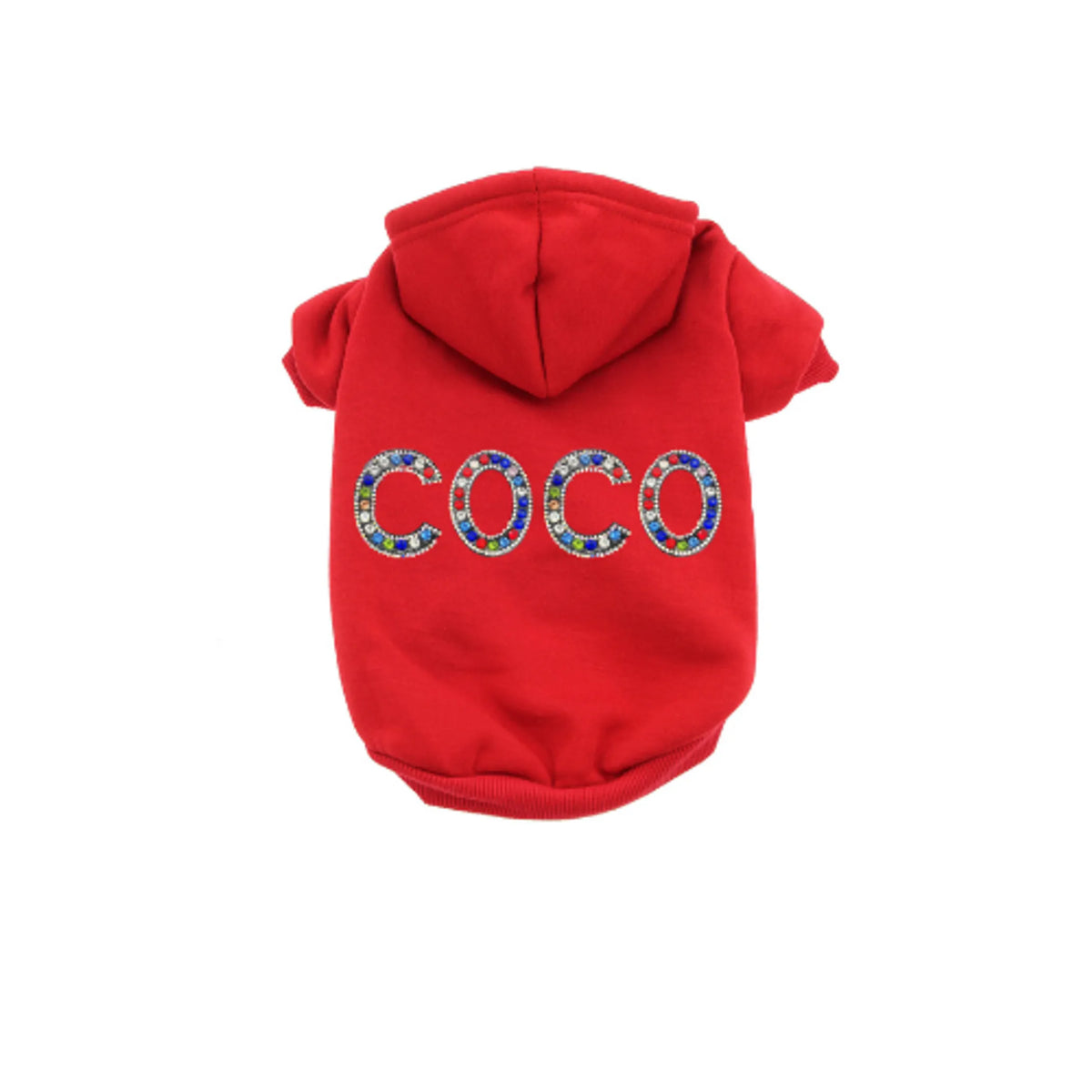 Red pet hoodie with 'COCO' in colorful letters on a white background