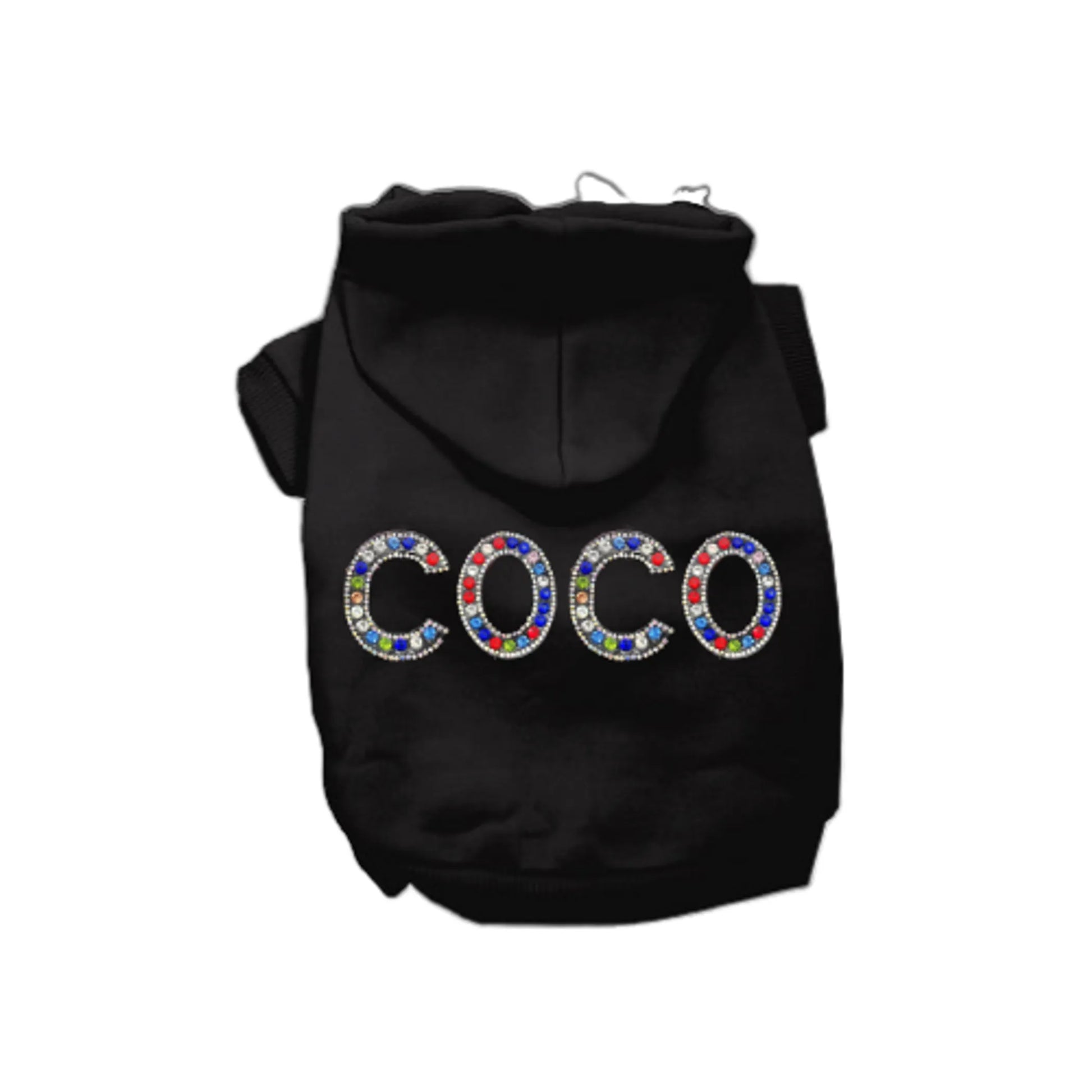 Black pet hoodie with 'COCO' in colorful letters on a white background