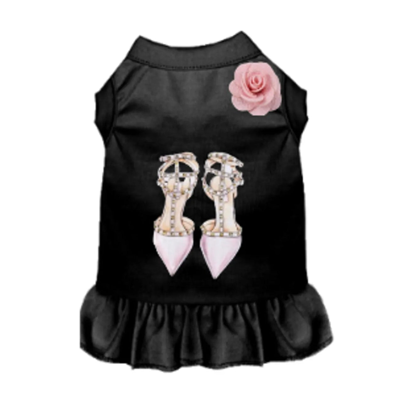 Black loubarkin dog dress with pink heals and pink flower