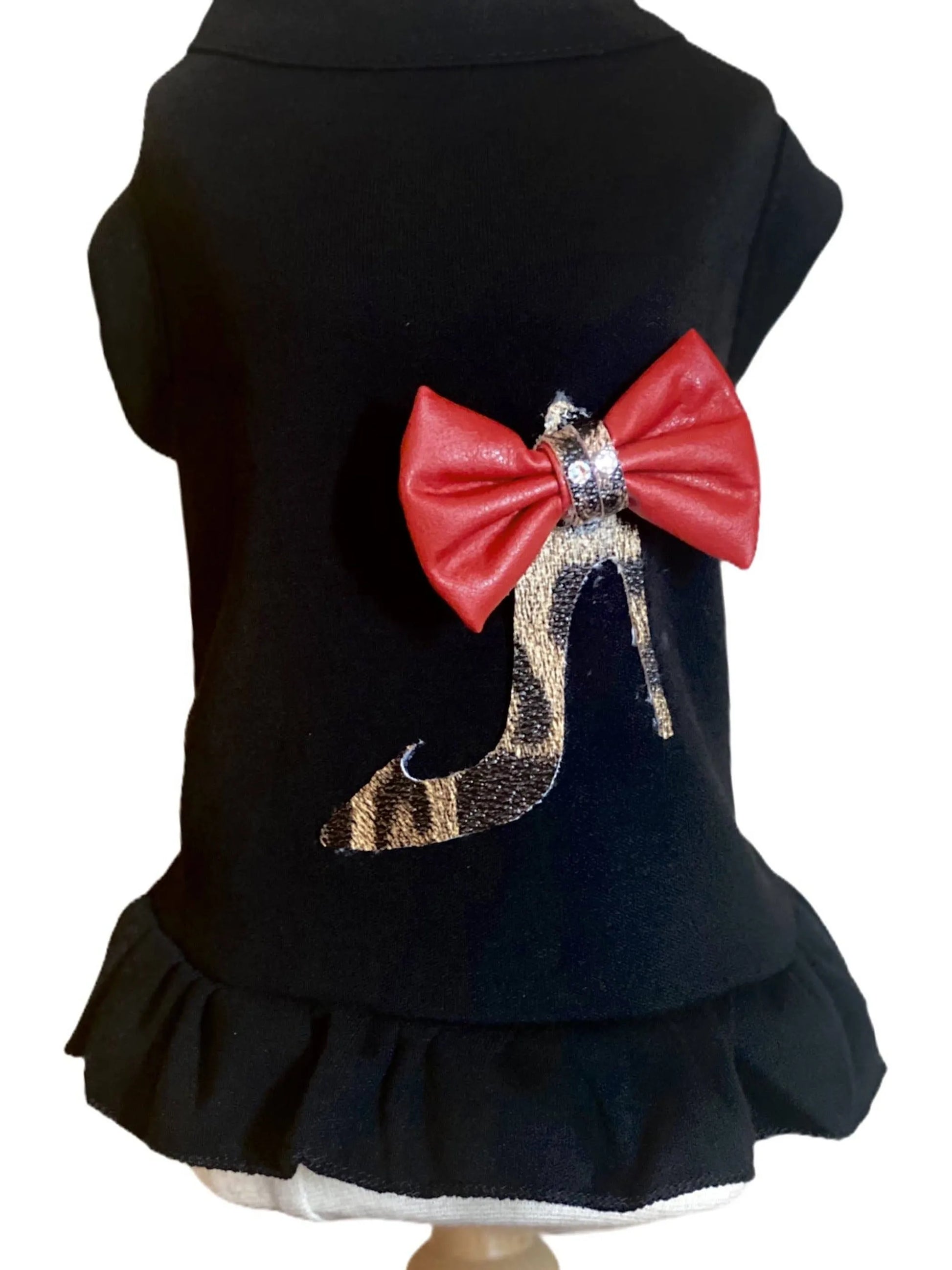 Black dog dress with animal print shoe  and red bow