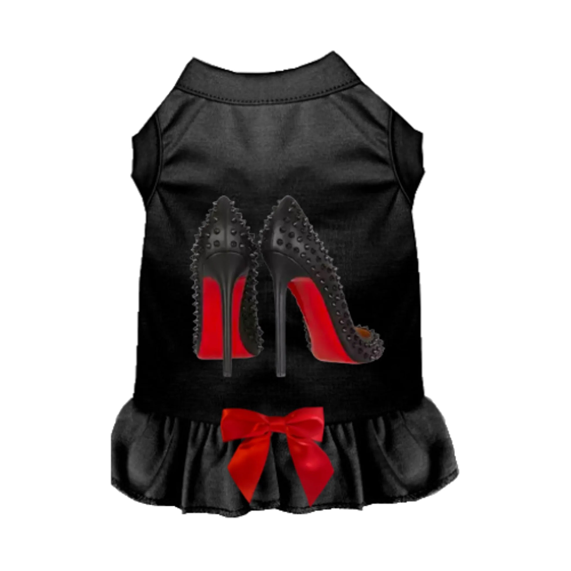 Black pet dress with high-heeled red bottom shoe design and red bow on a white background