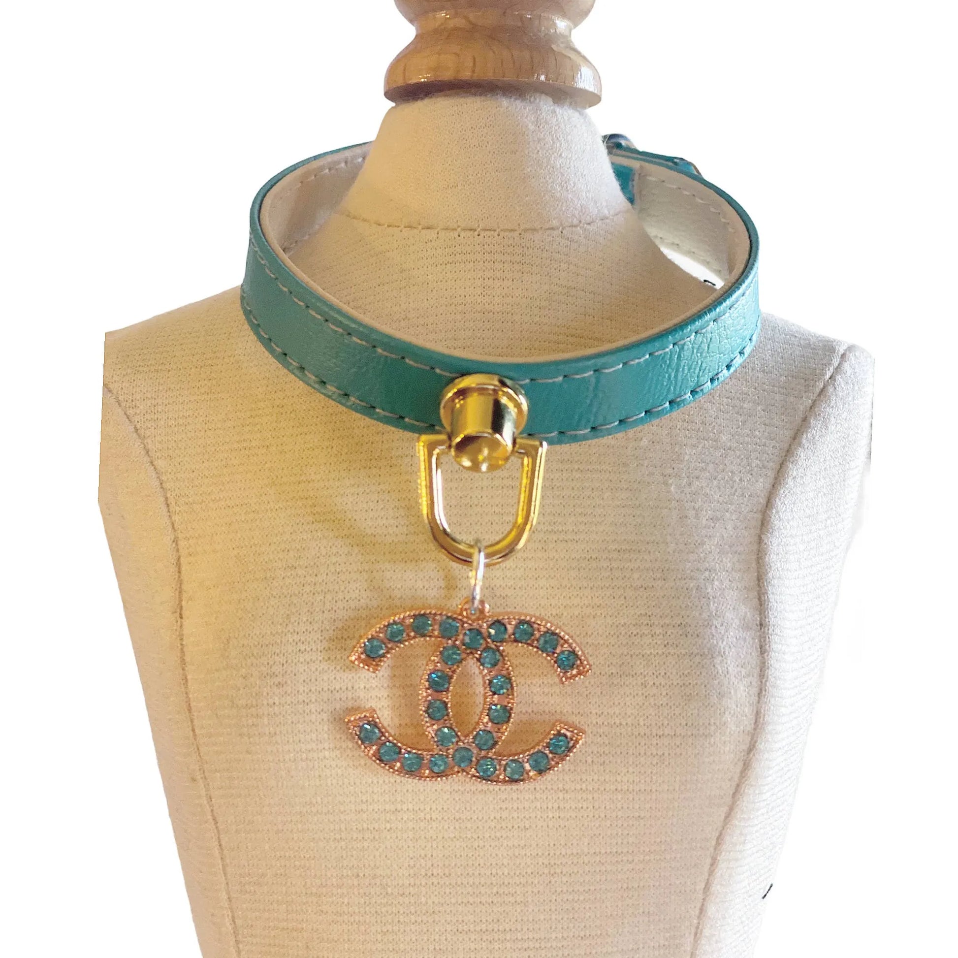 Teal dog collar with teal CC charm