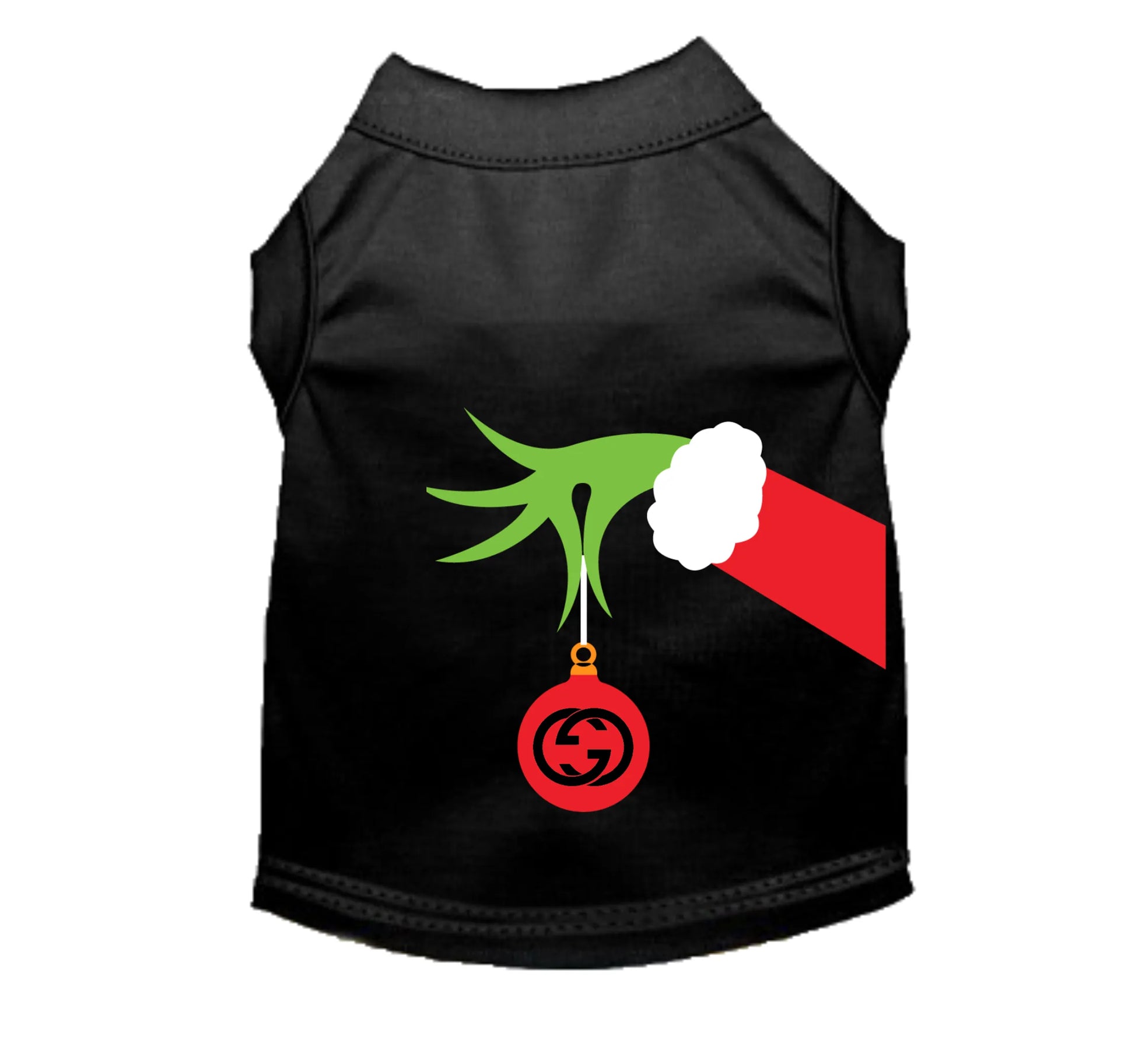 Black pet shirt with Grinch design on a white background