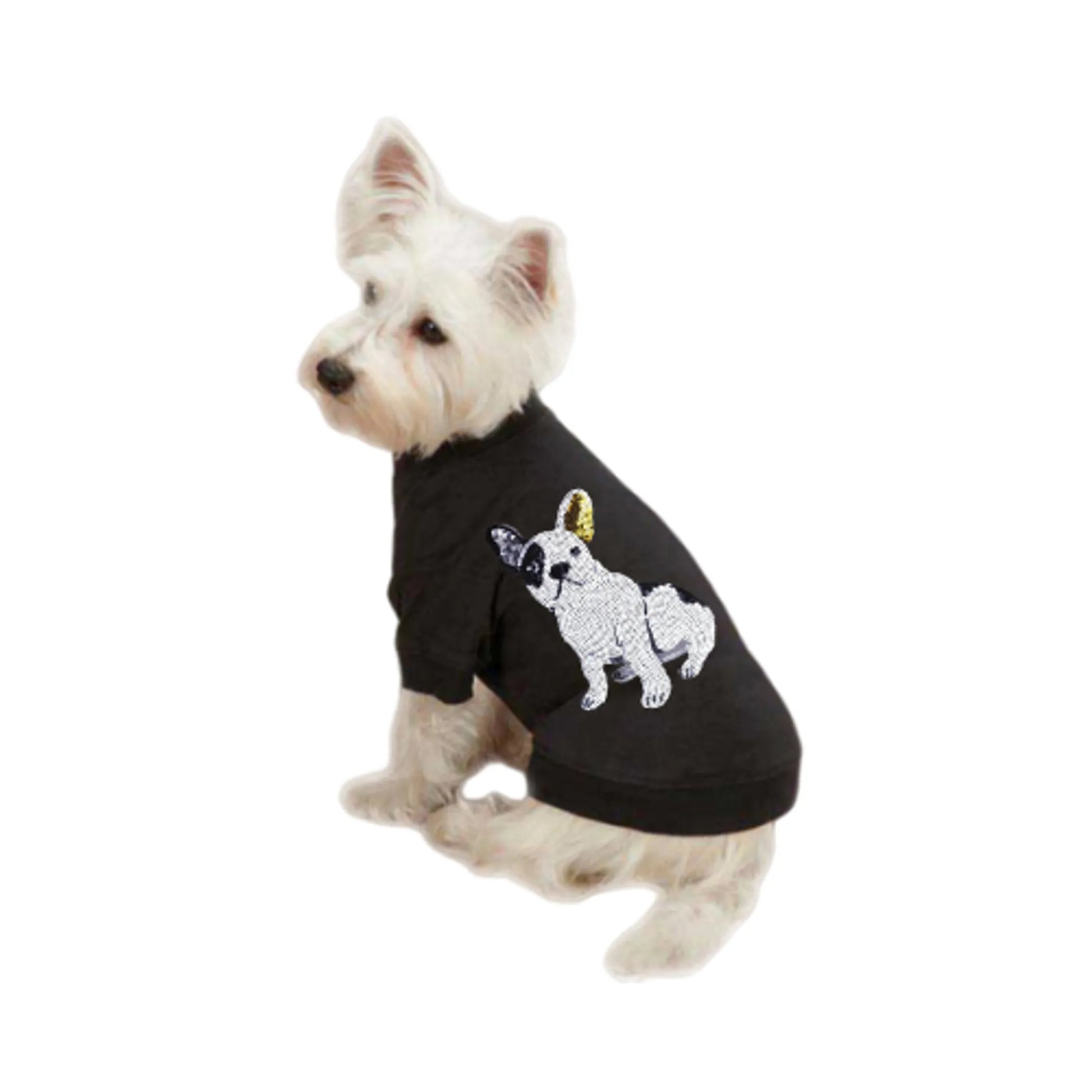 Dog wearing Black dog tee with sequin french bull dog