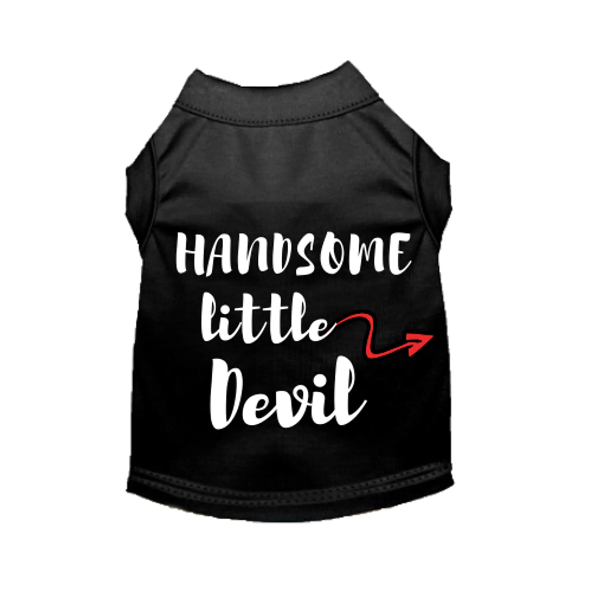 Black pet shirt with 'Handsome little Devil' text on a white background