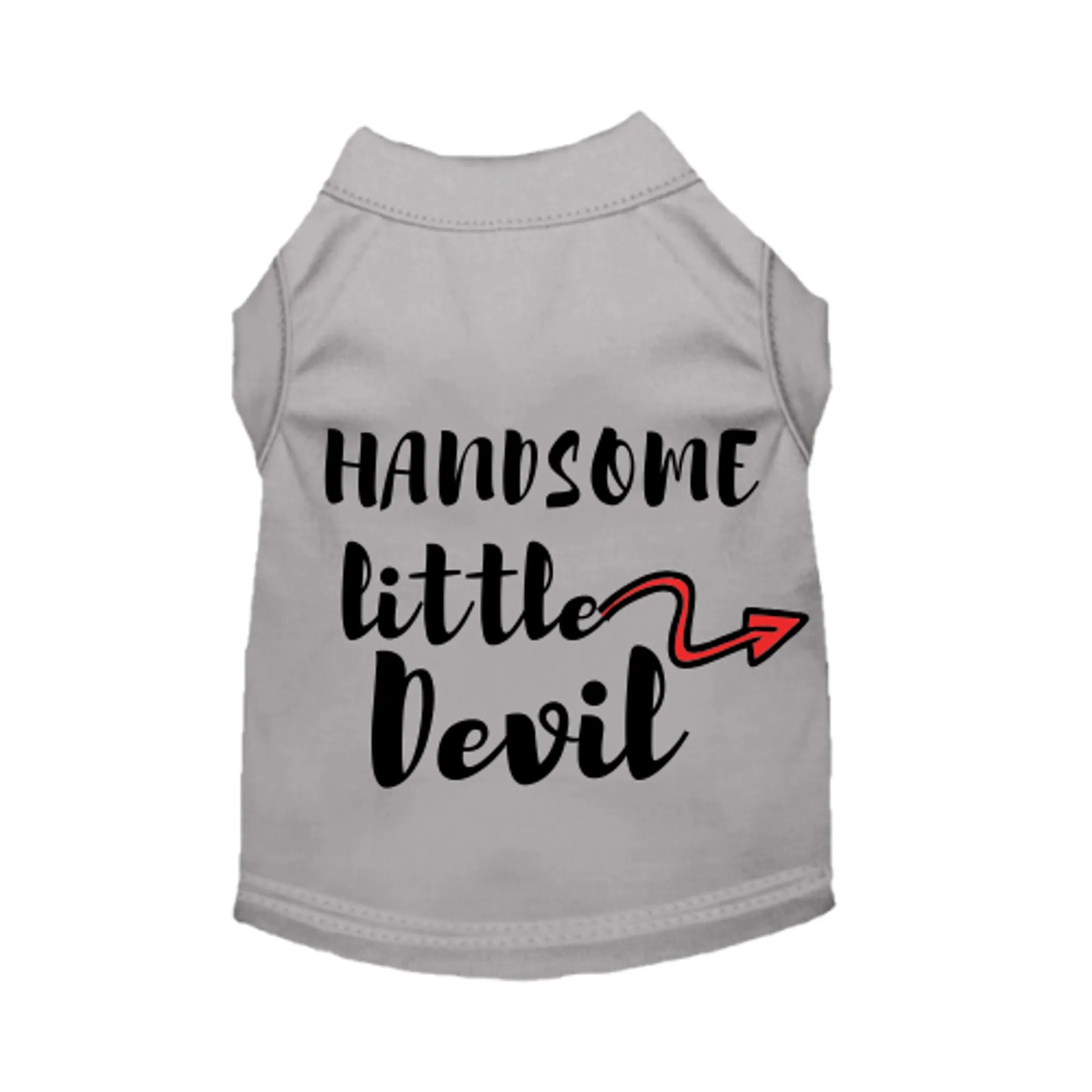 Gray dog shirt with 'Handsome little Devil' text and red arrow on a white background