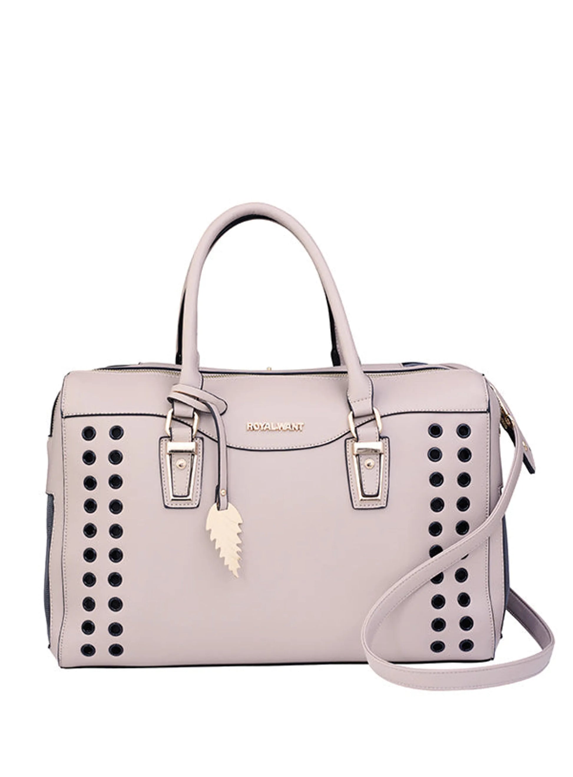 Light blush handbag with perforated design and visible brand logo on a white background