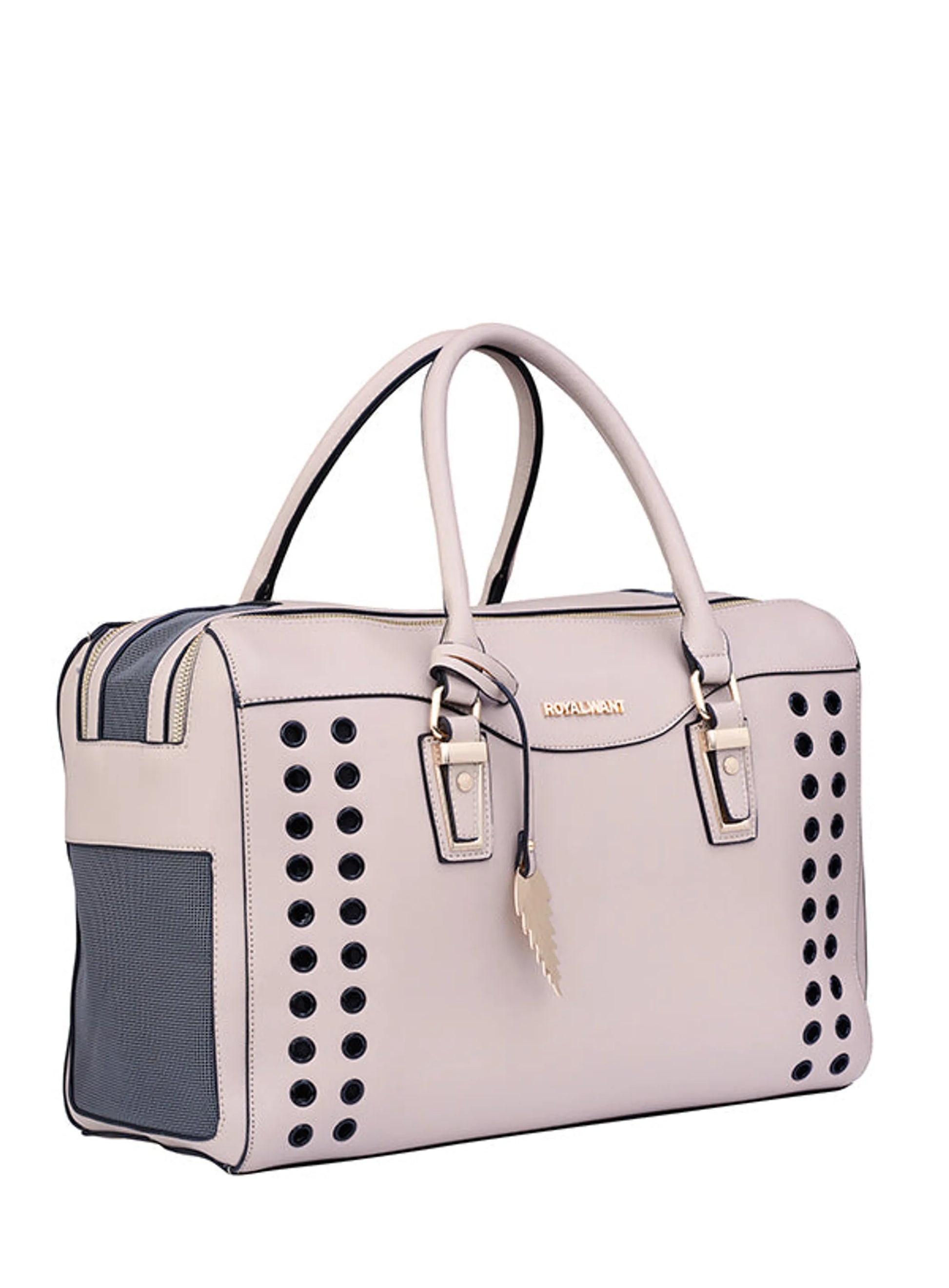 Light blush handbag with gray accents on a white background