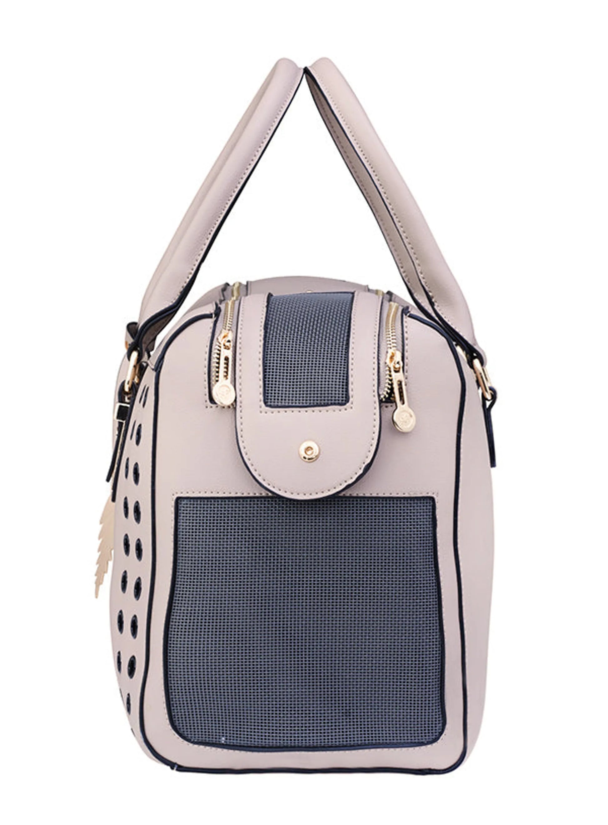 Pet carrier with beige exterior and navy mesh sides on a white background