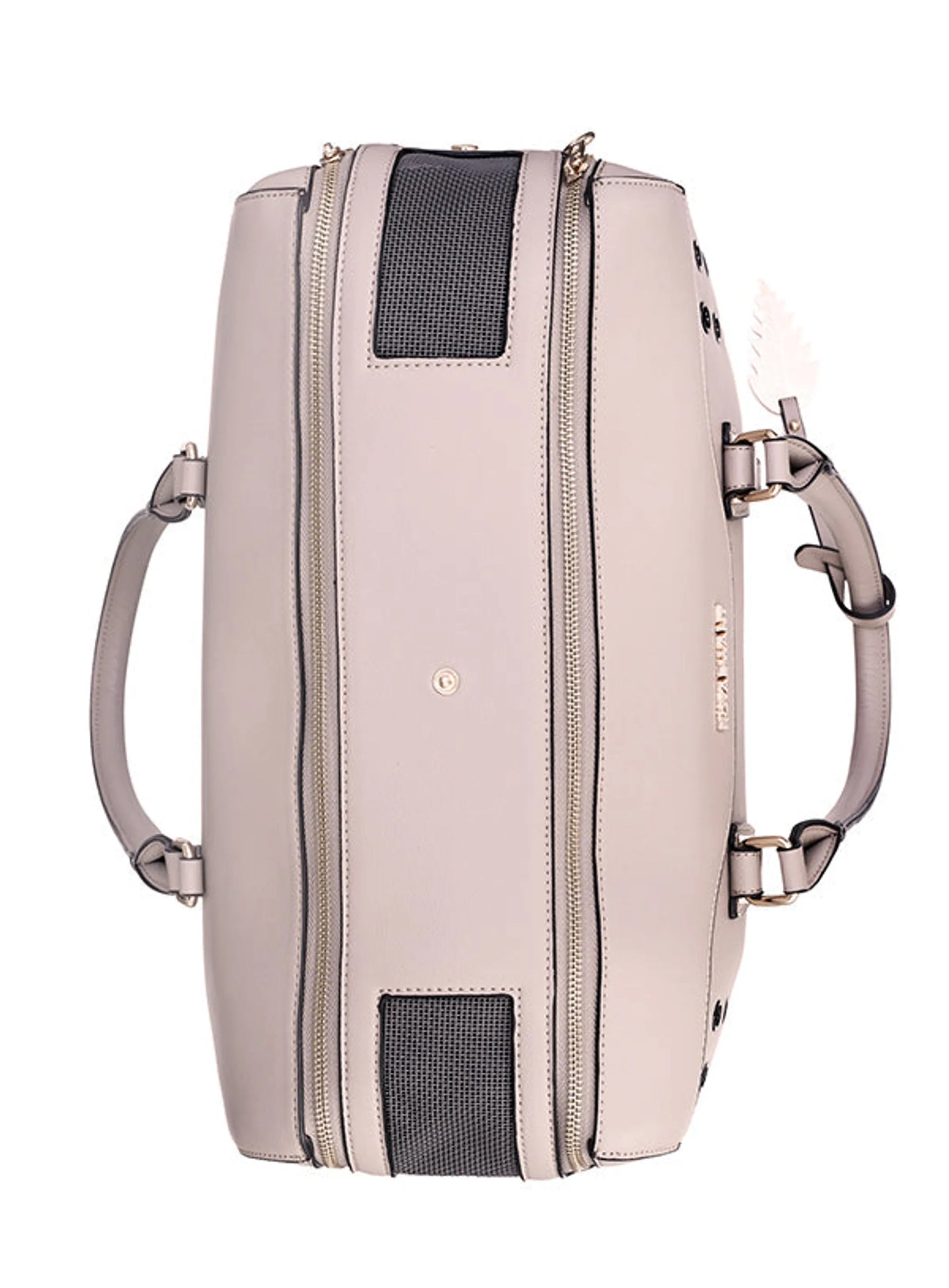 Beige backpack with gray straps on a white background