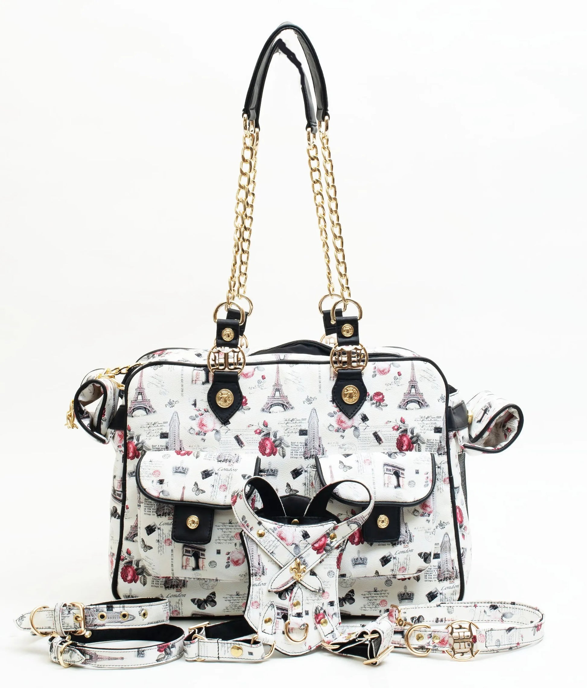 Pet carrier and accessories with Paris-themed design on a white background