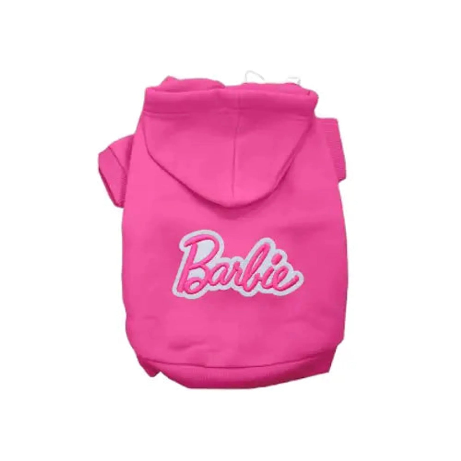 Pink hoodie with 'Barbie' logo on a white background
