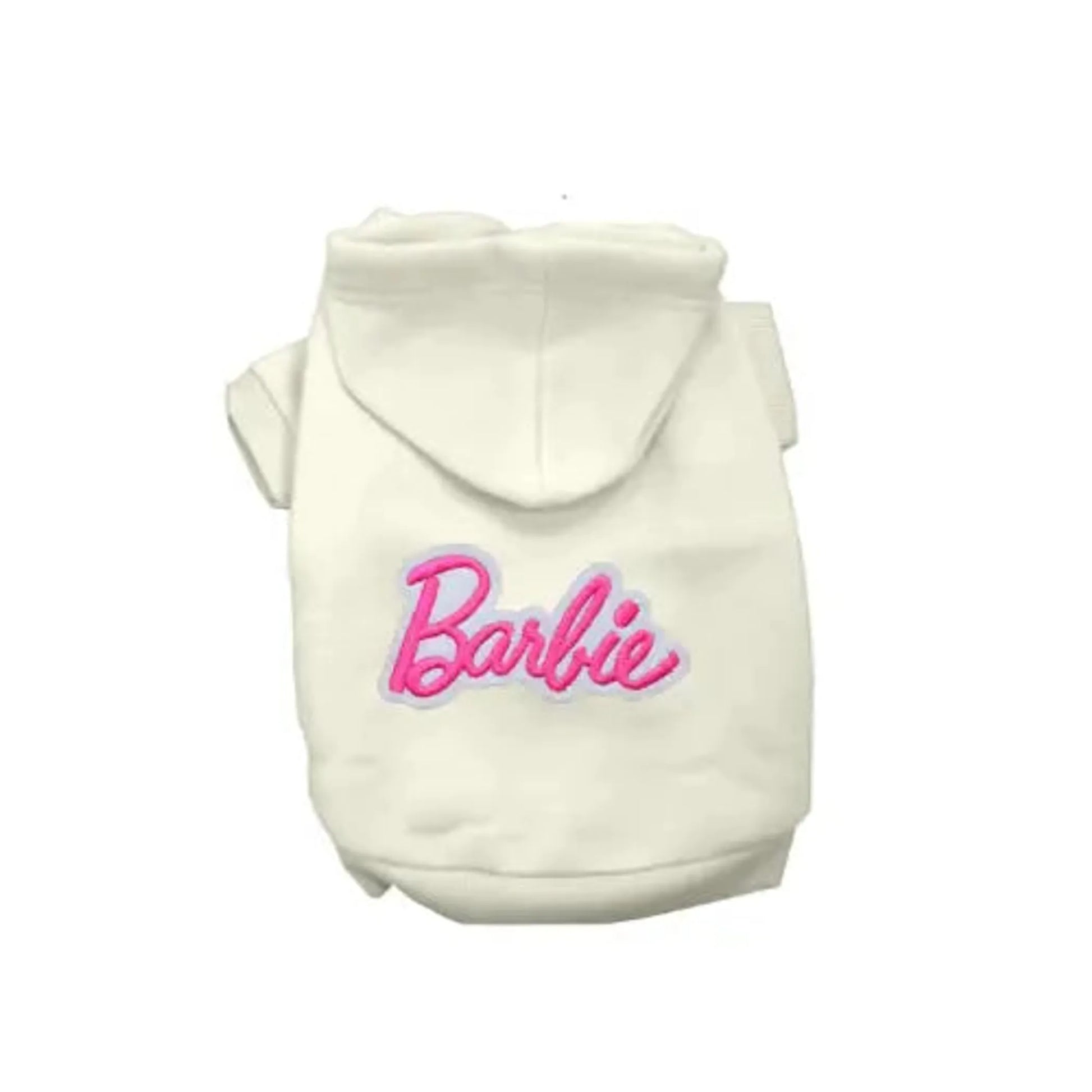 White pet hoodie with 'Barbie' logo on a white background
