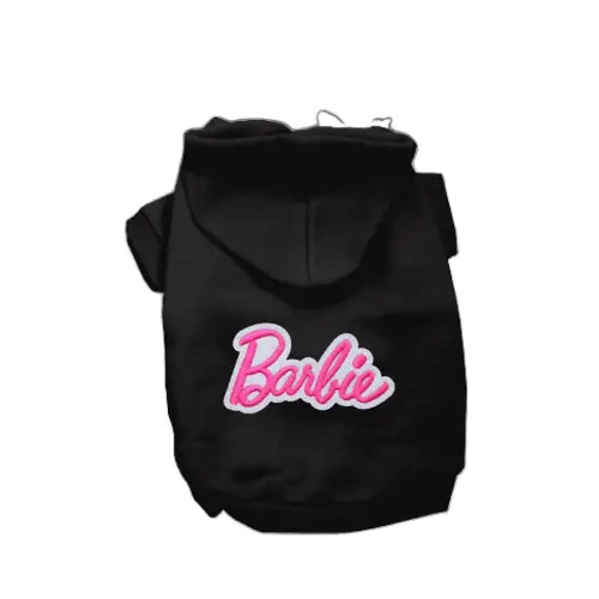 Black hoodie with pink 'Barbie' text on a white background