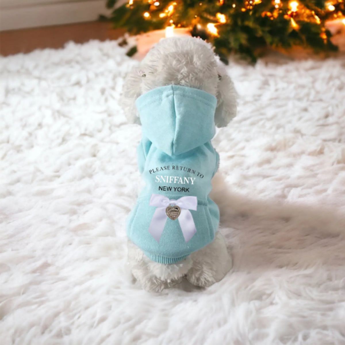 Dog sittingon a white rug in a turquoise sniffany dog hoodie 