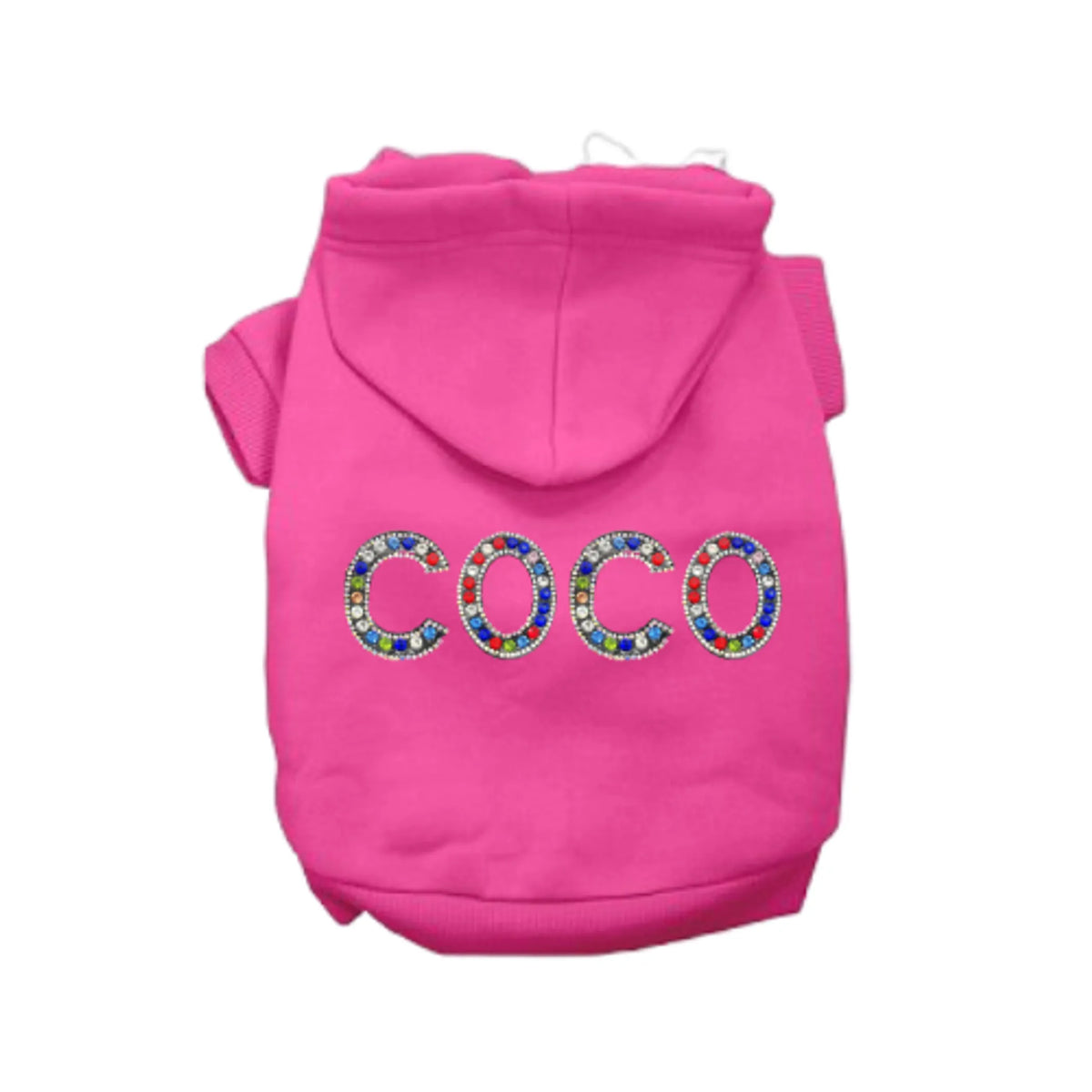 Pink dog hoodie with 'COCO' in colorful letters on a white background