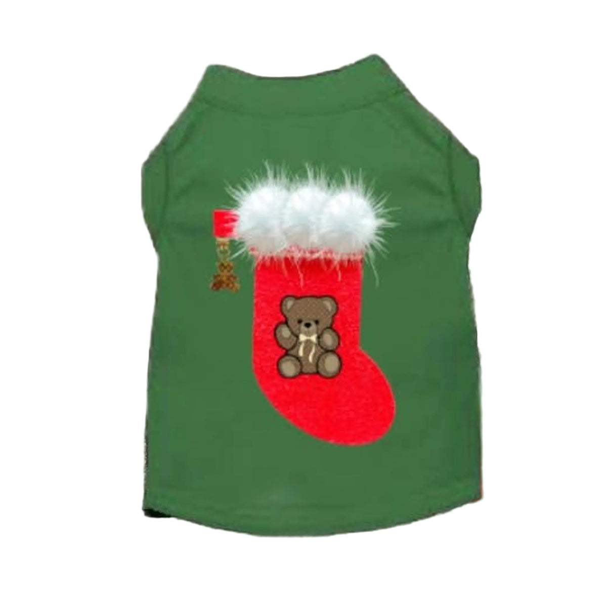 Green dog shirt with a Christmas stocking design featuring a teddy bear.