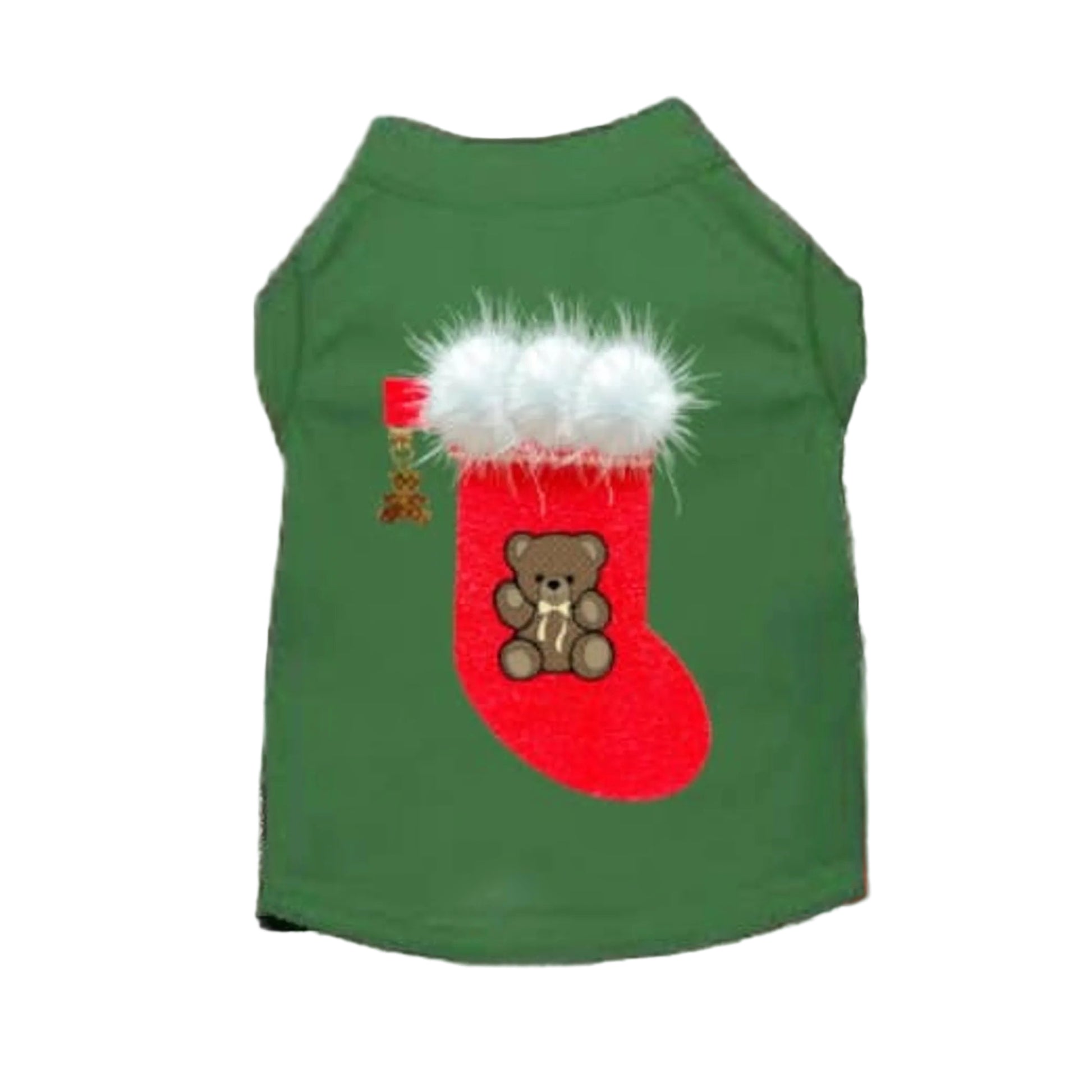 Green dog shirt with a Christmas stocking design featuring a teddy bear.