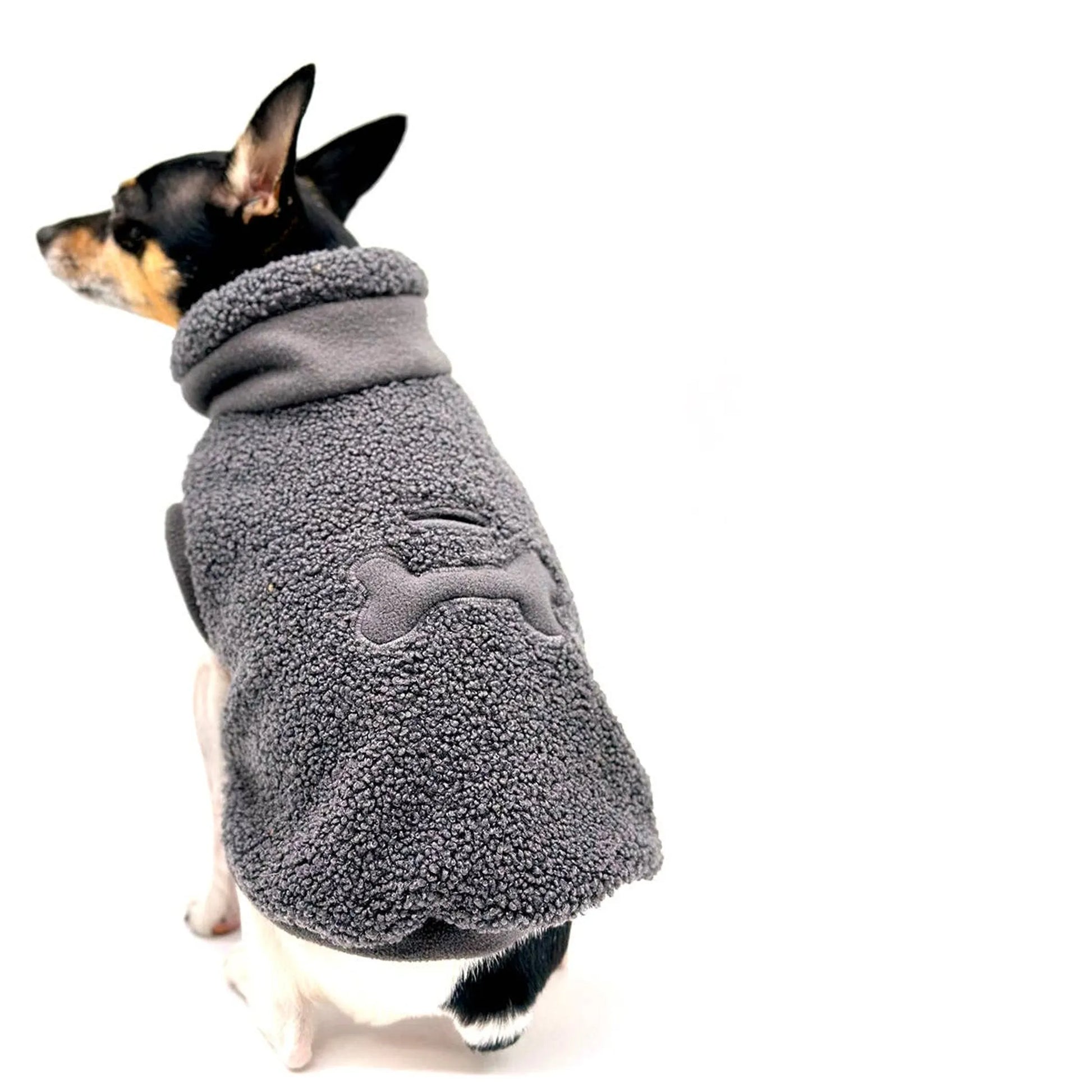 Dog wearing gray sherpa fleece pull over