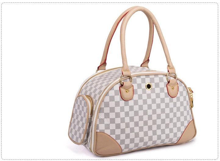 White checked Luxury Leather Pet Travel Tote: Stylish And Practical Dog And Cat Carrier-1
