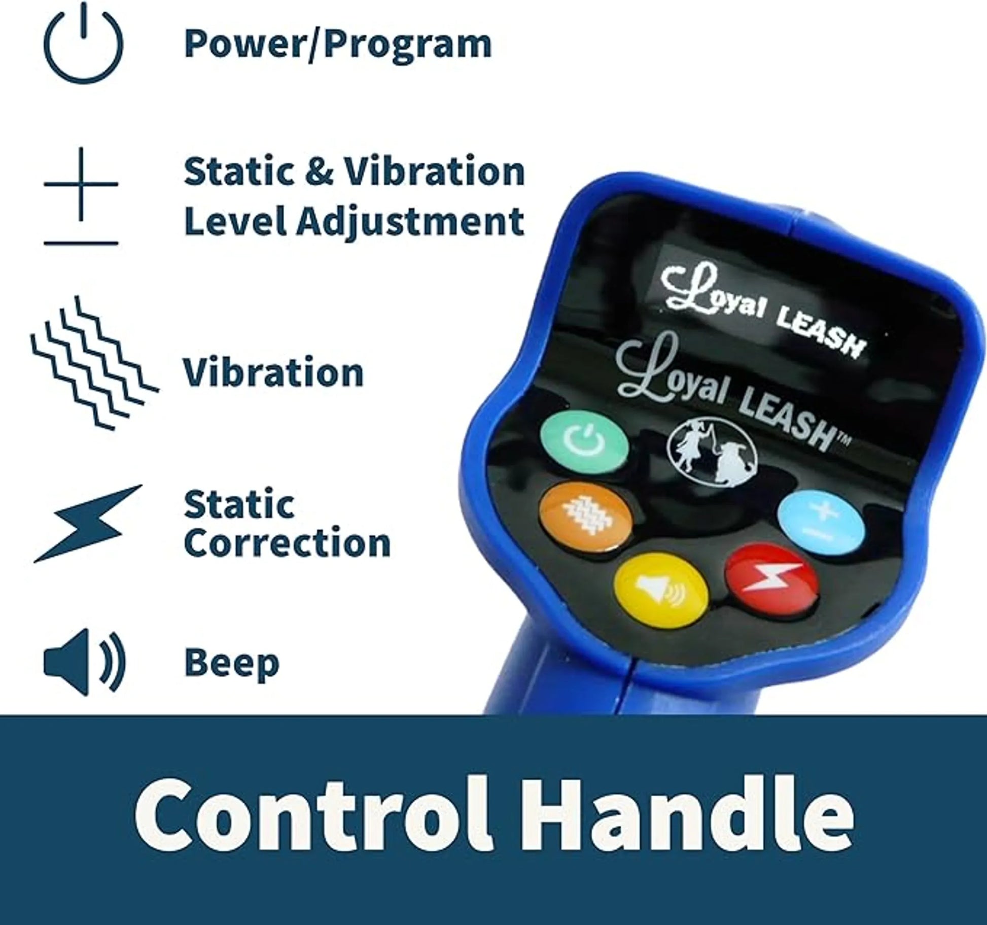 Control handle for Loyal Leash with buttons and text labels on a white background